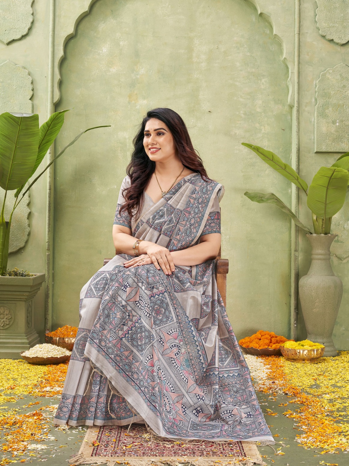 Grey Madhubani Printed Tussar Silk Saree