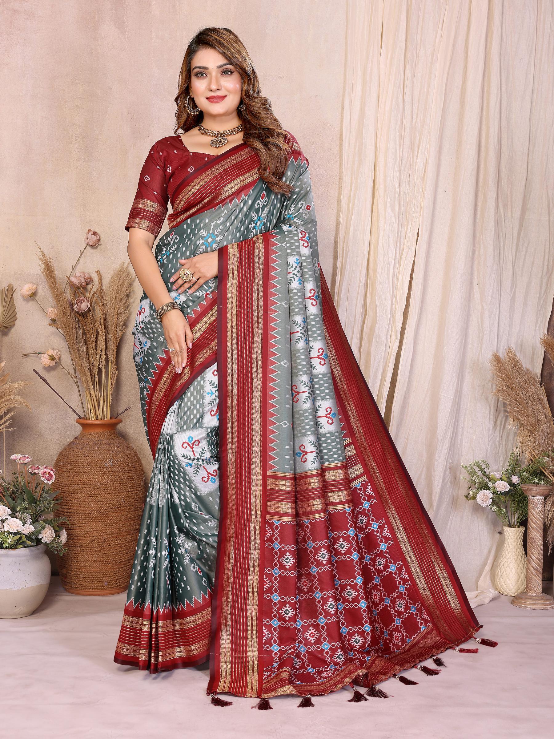 Grey Maroon Soft Silk Ikat Designer Saree