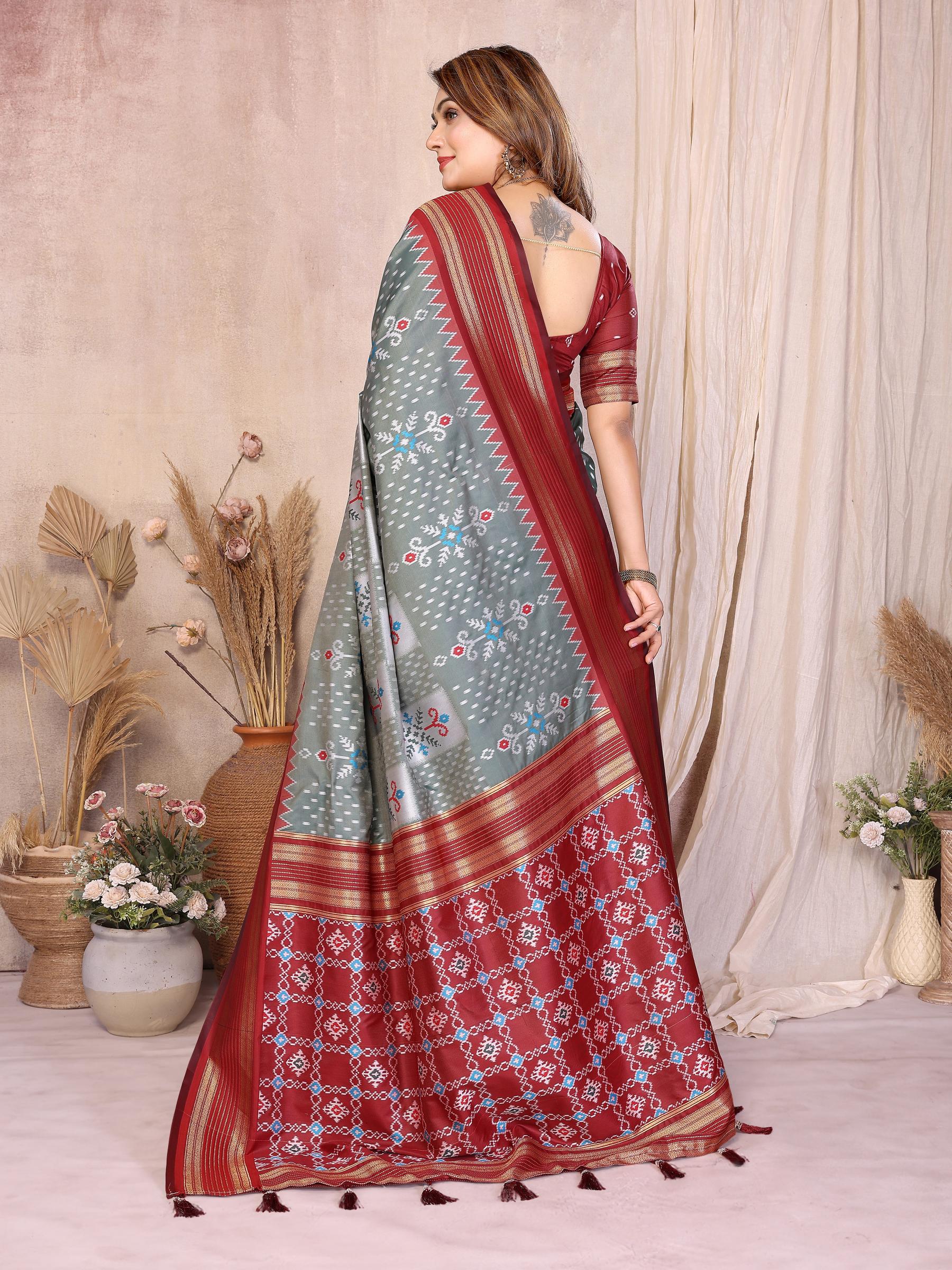 Grey Maroon Soft Silk Ikat Designer Saree — alternate view