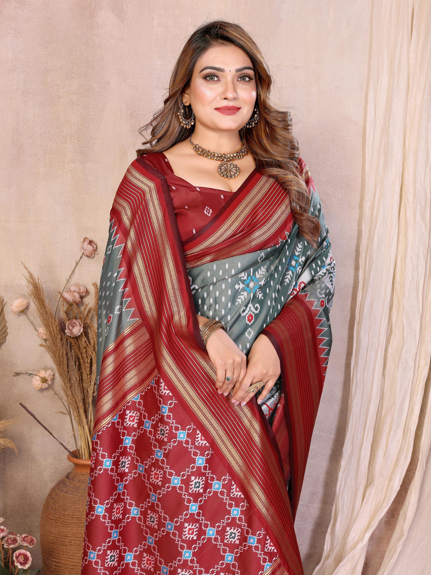 Grey Maroon Soft Silk Ikat Designer Saree