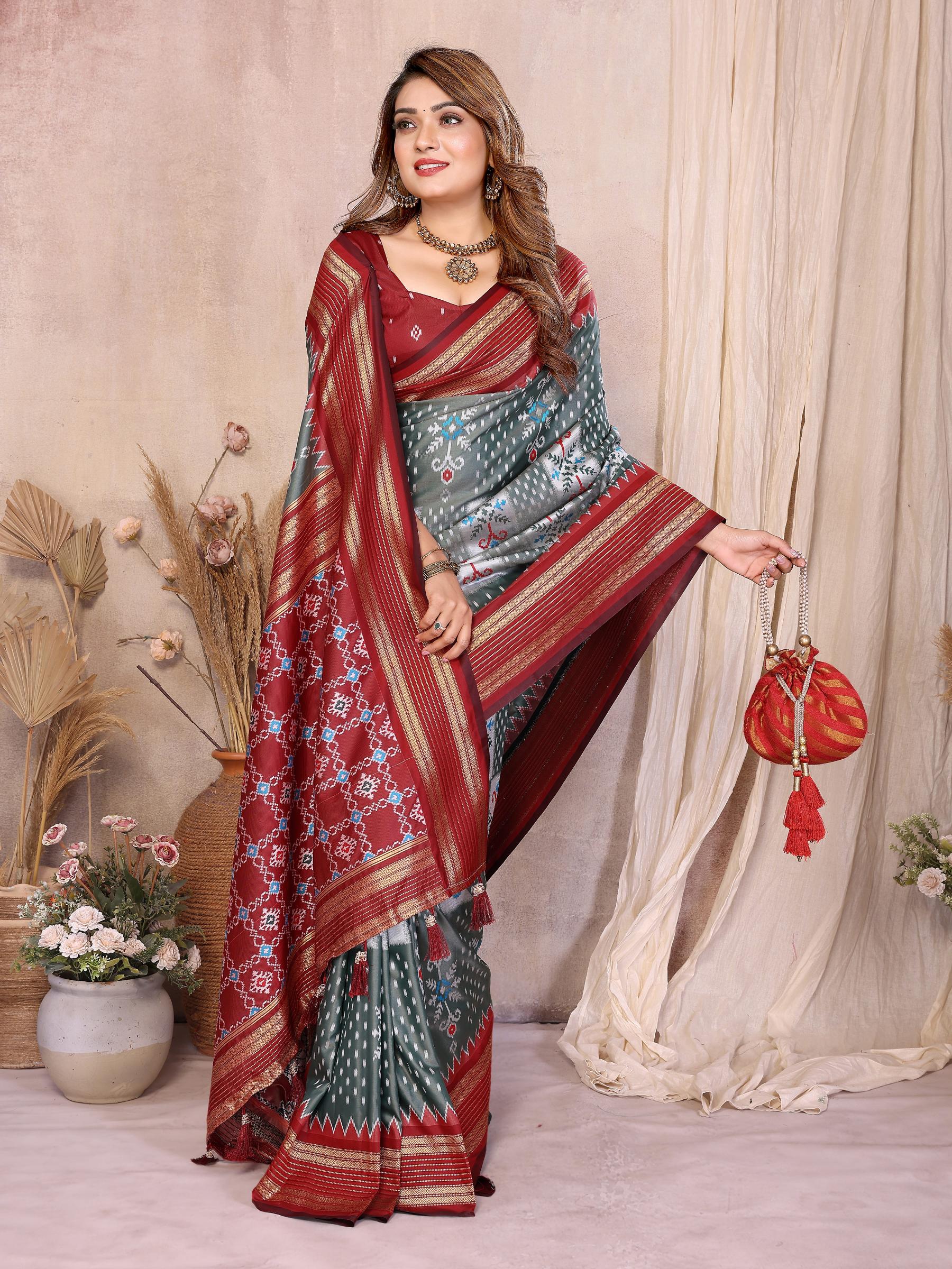 Grey Maroon Soft Silk Ikat Designer Saree