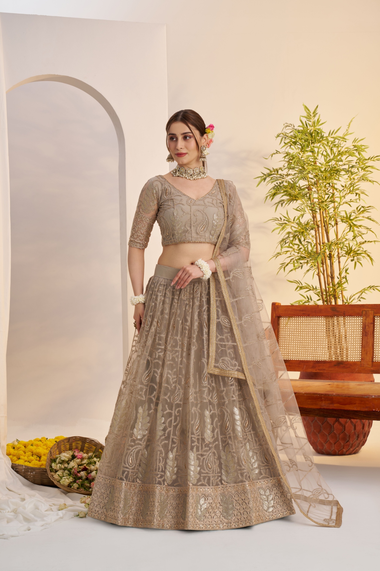 Grey Mughal Embroidered Butterfly Net Flared Lehenga Choli