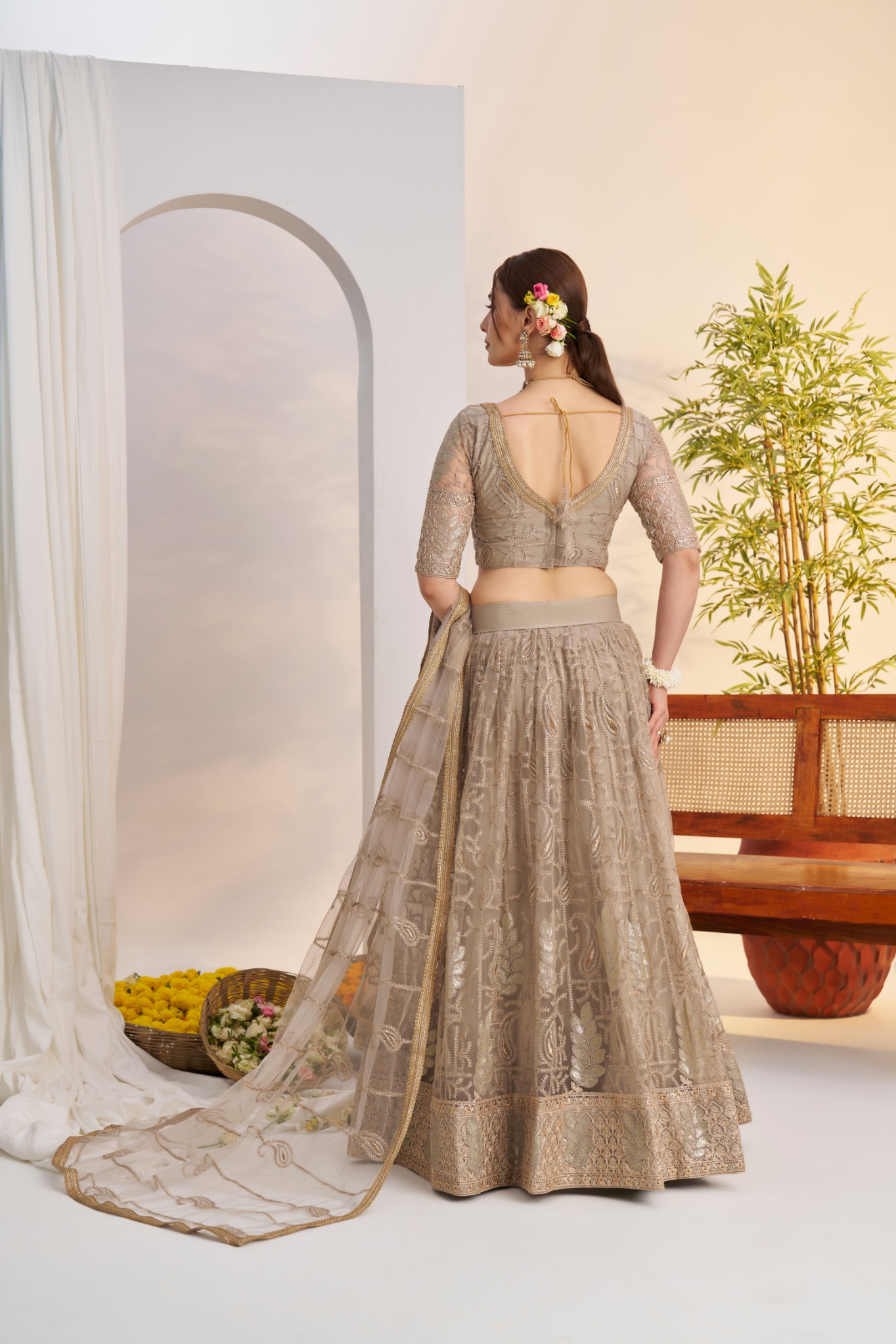 Grey Mughal Embroidered Butterfly Net Flared Lehenga Choli — alternate view