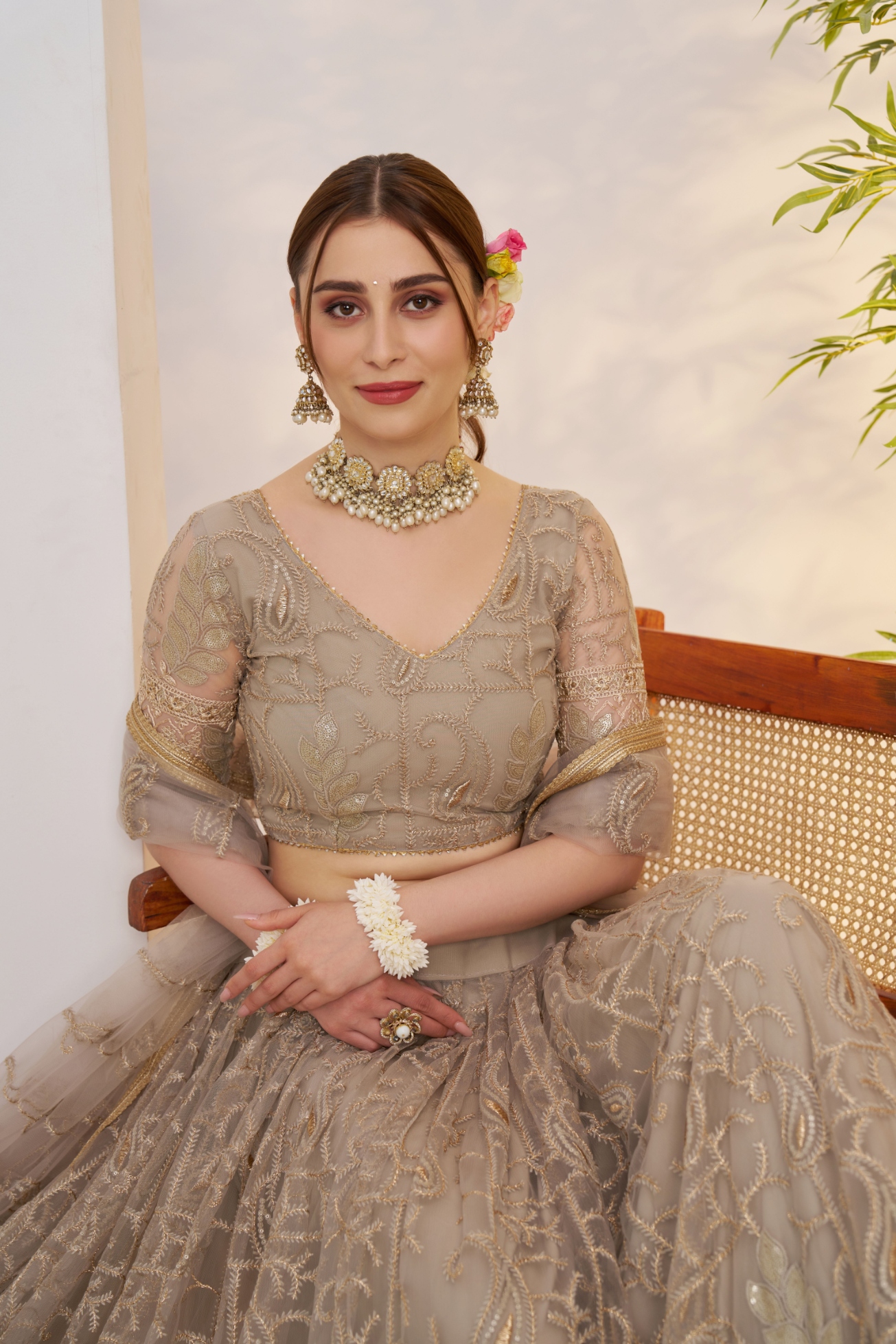 Grey Mughal Embroidered Butterfly Net Flared Lehenga Choli