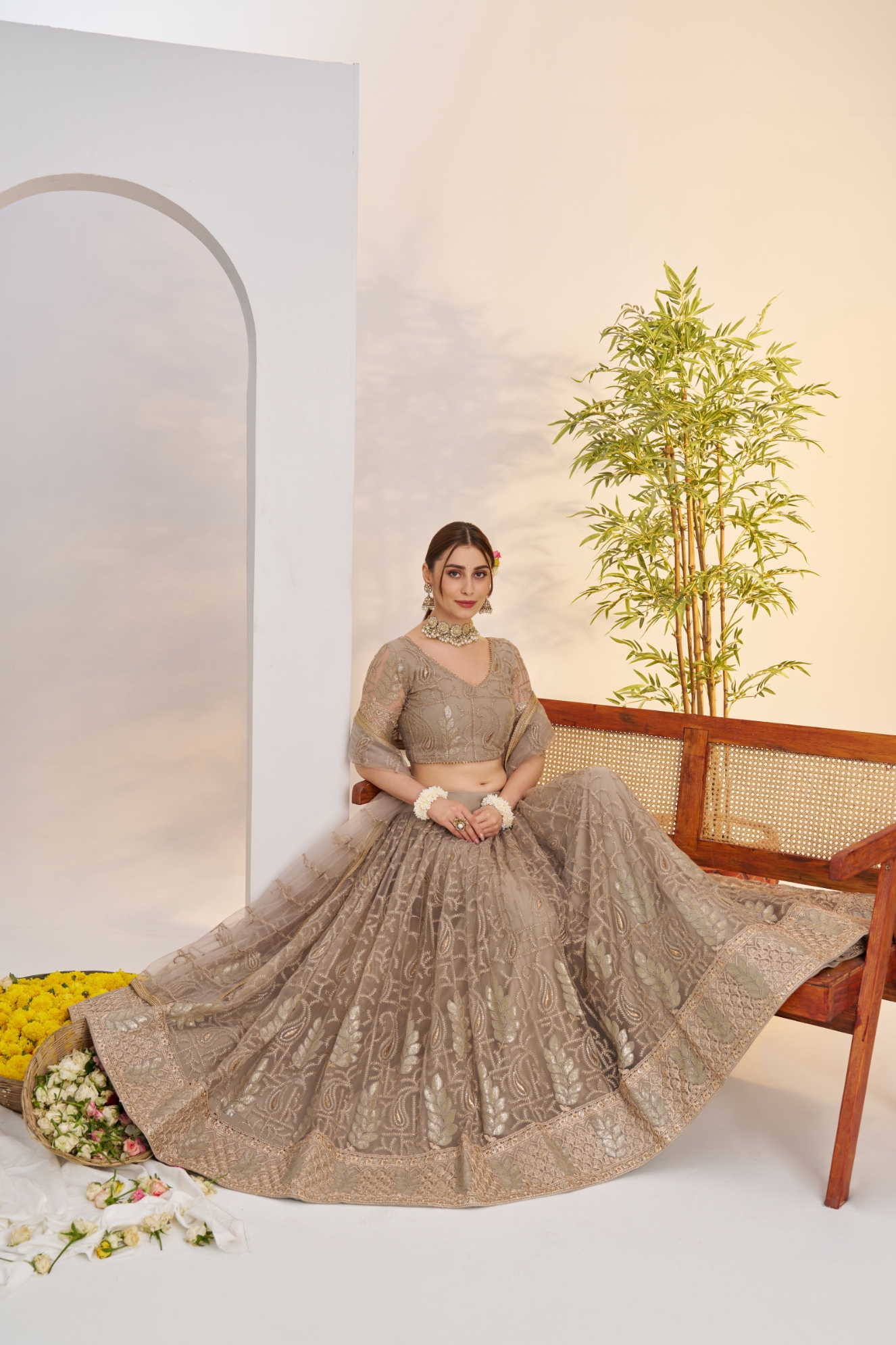 Grey Mughal Embroidered Butterfly Net Flared Lehenga Choli