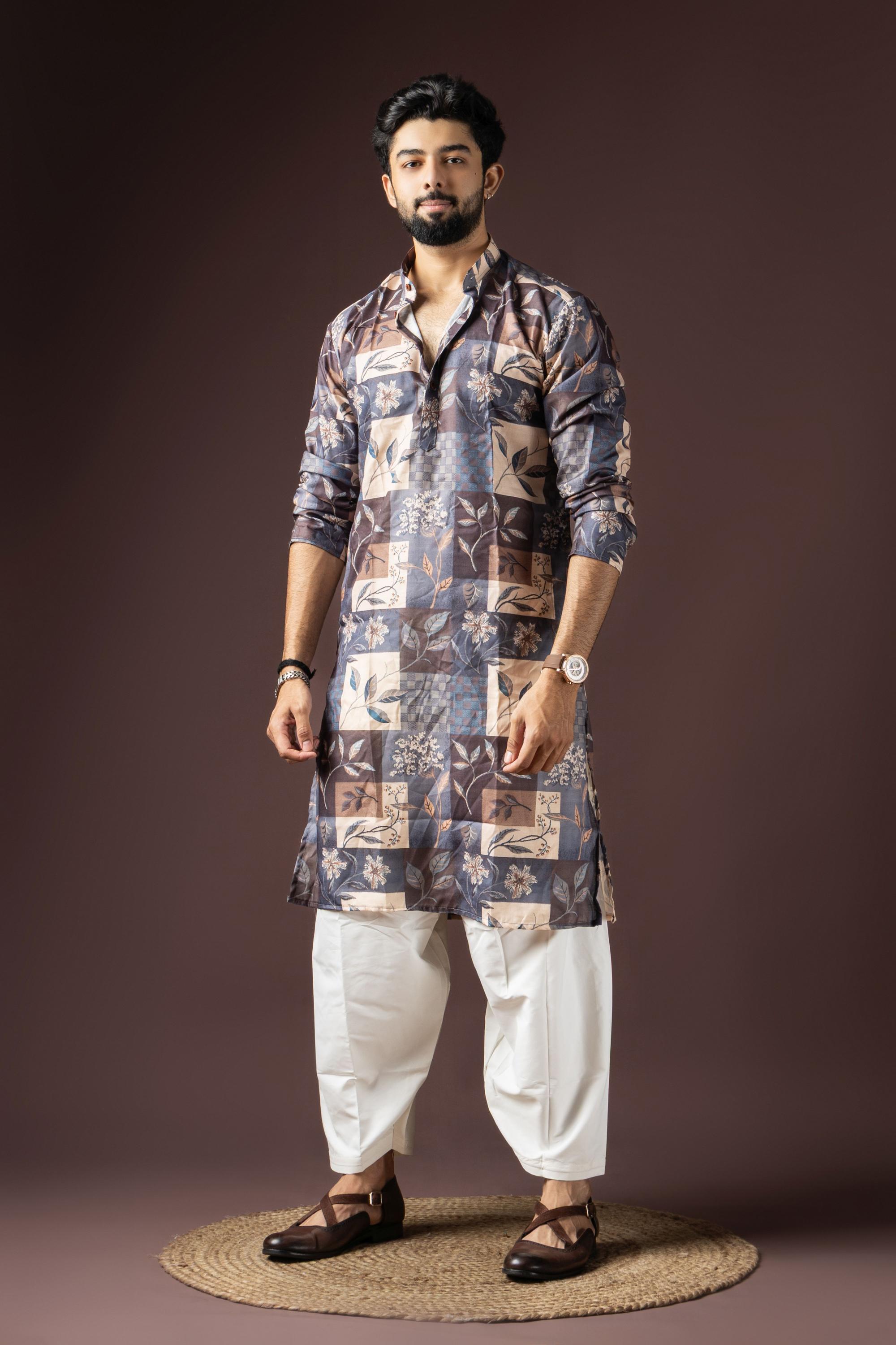Grey Multi Color Blended Cotton Kurta Pyjama