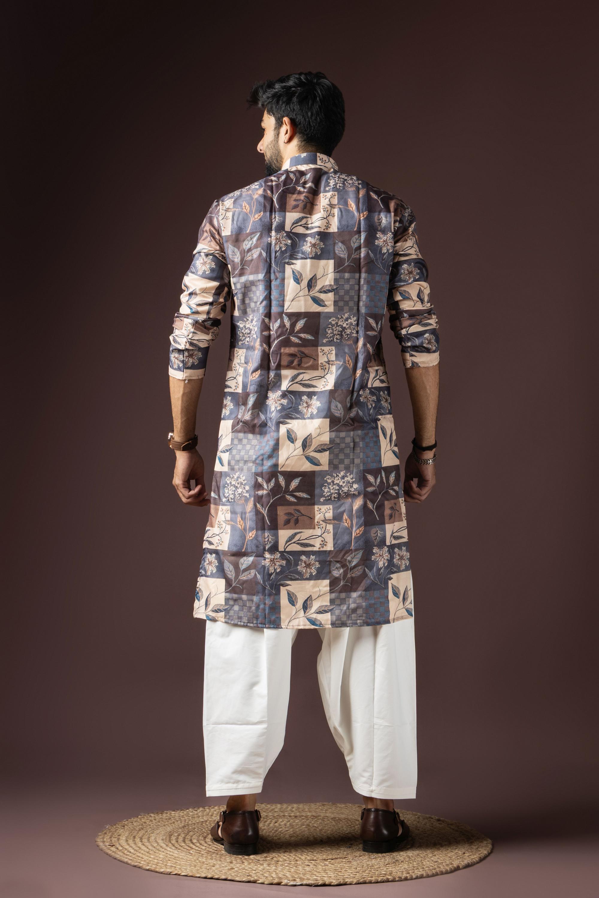 Grey Multi Color Blended Cotton Kurta Pyjama — alternate view