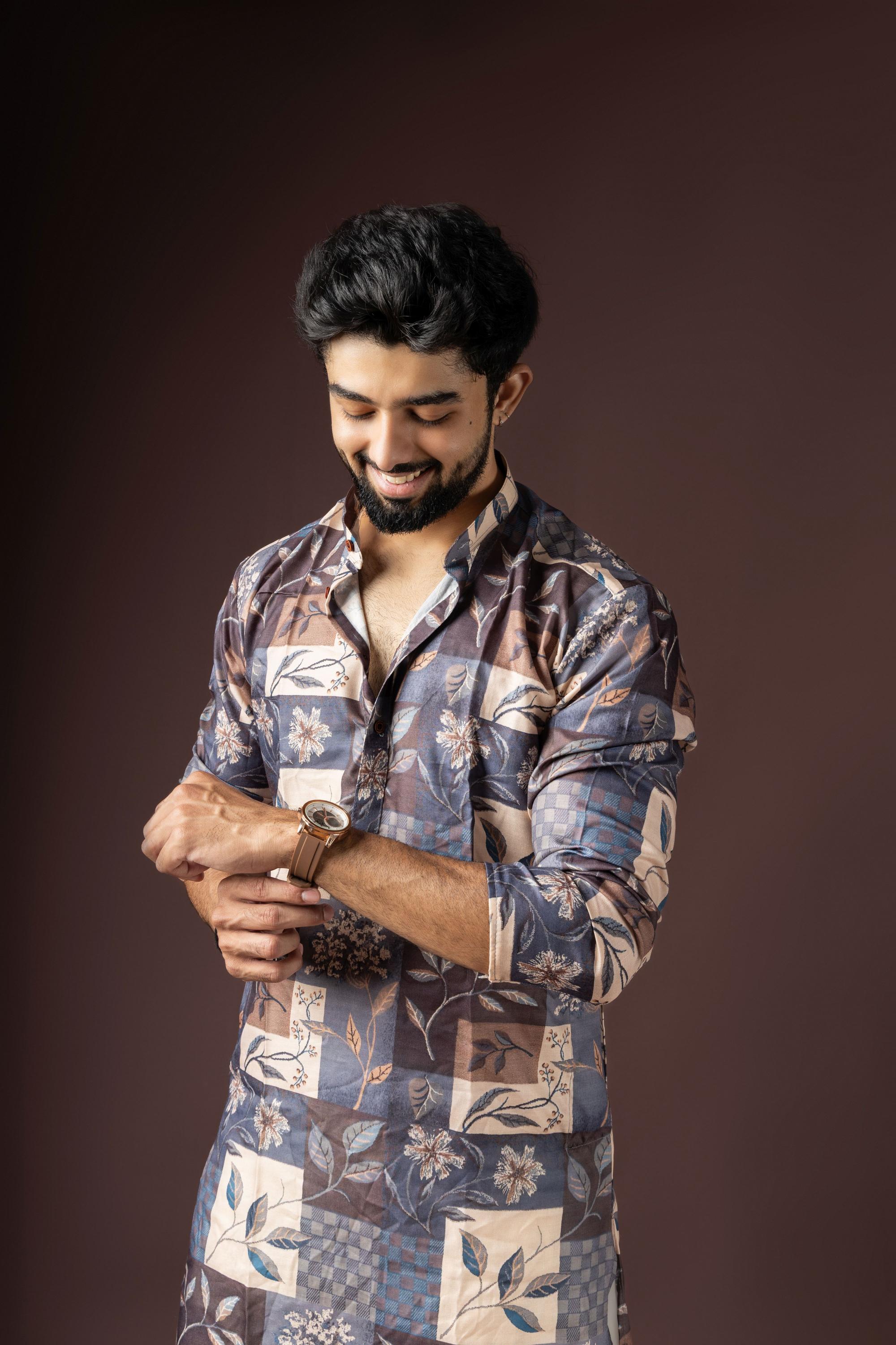 Grey Multi Color Blended Cotton Kurta Pyjama