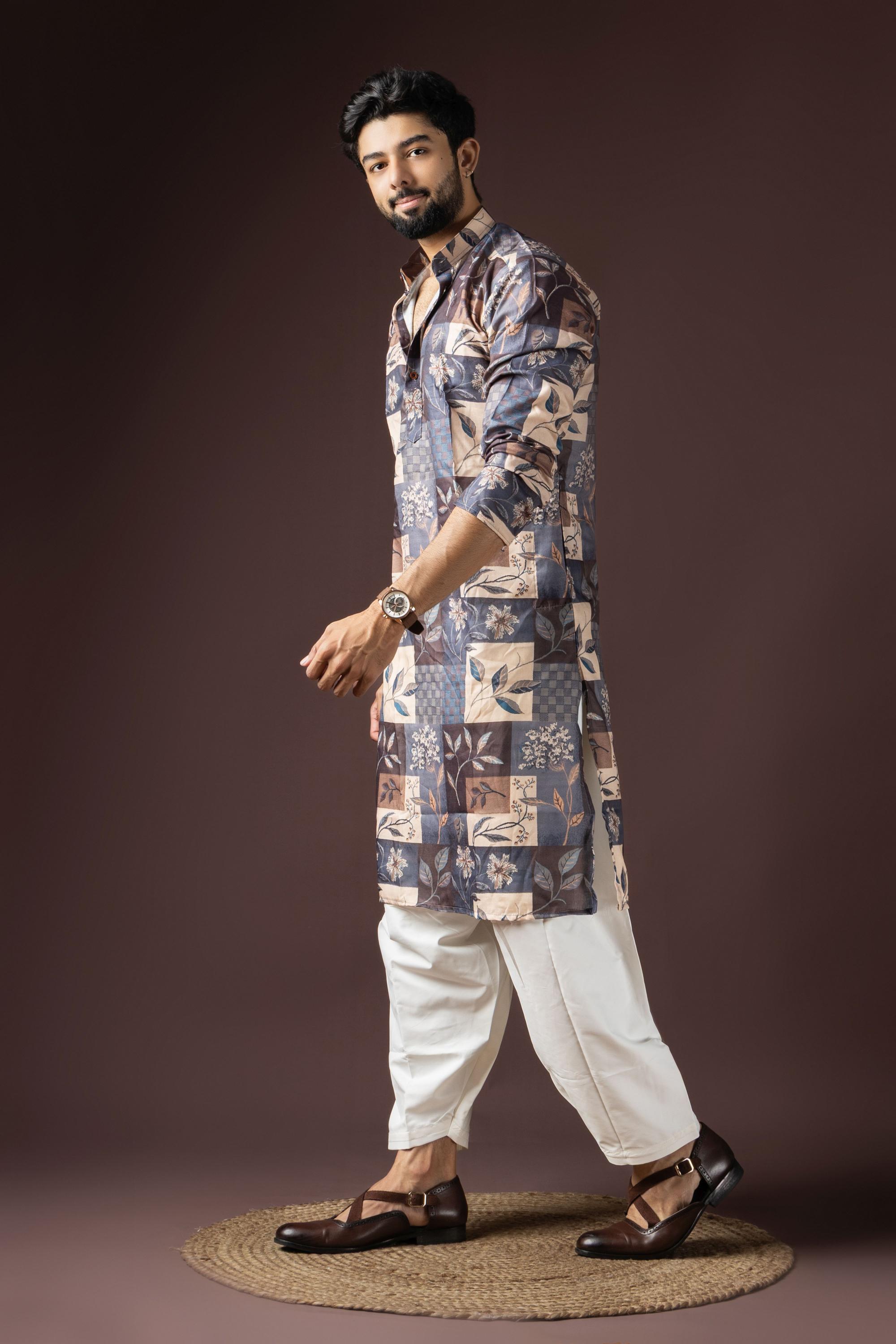 Grey Multi Color Blended Cotton Kurta Pyjama