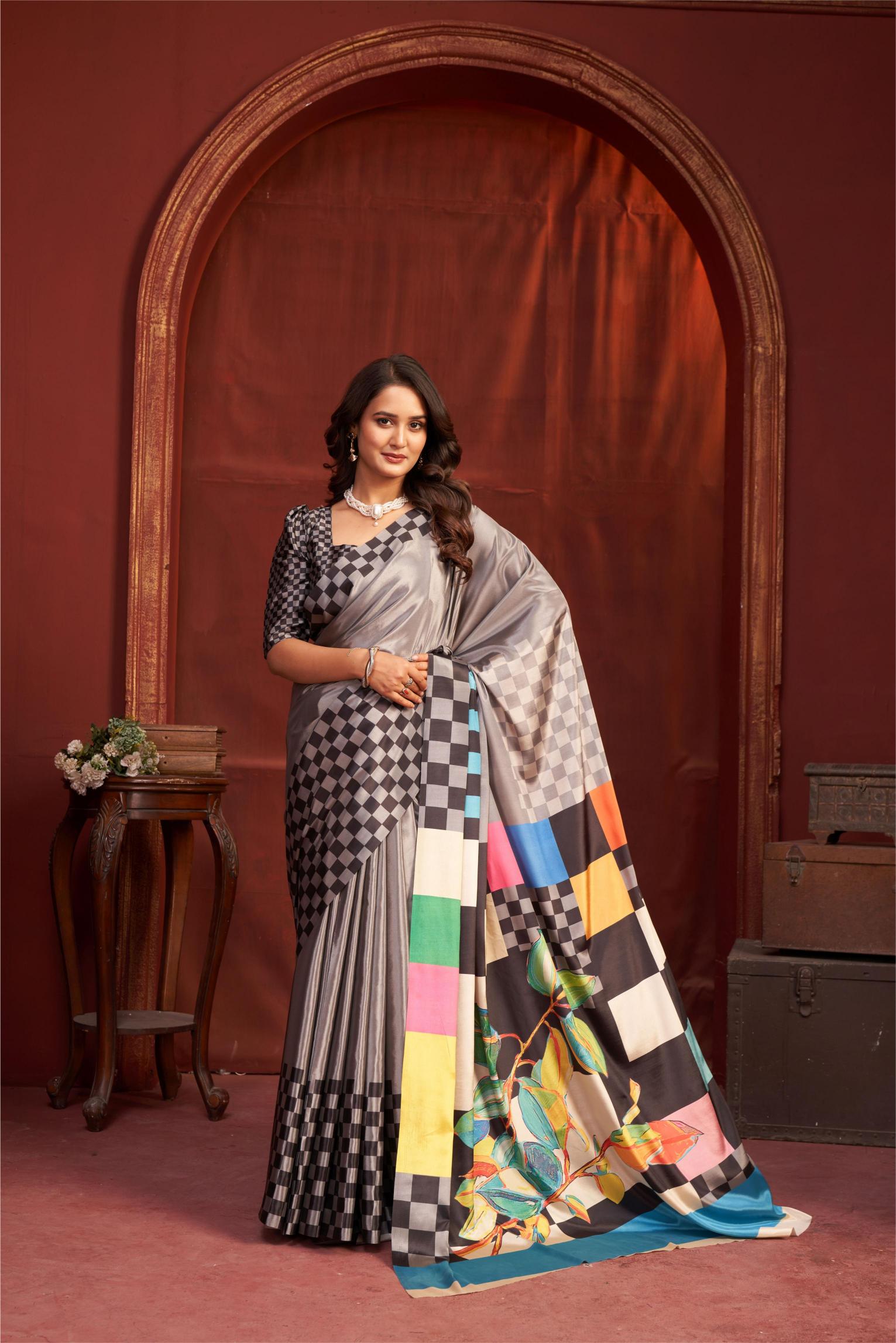 Grey Multi Malai Crepe Silk Saree