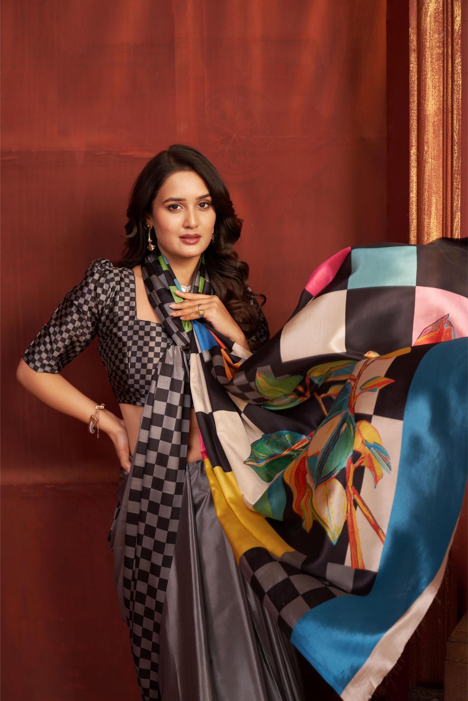 Grey Multi Malai Crepe Silk Saree