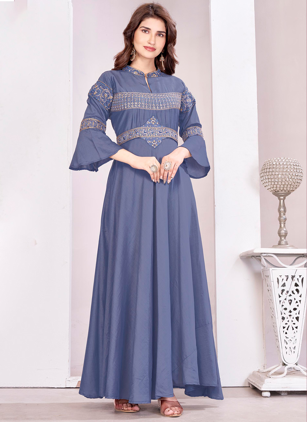 Grey Muslin Embroidered Readymade Gown