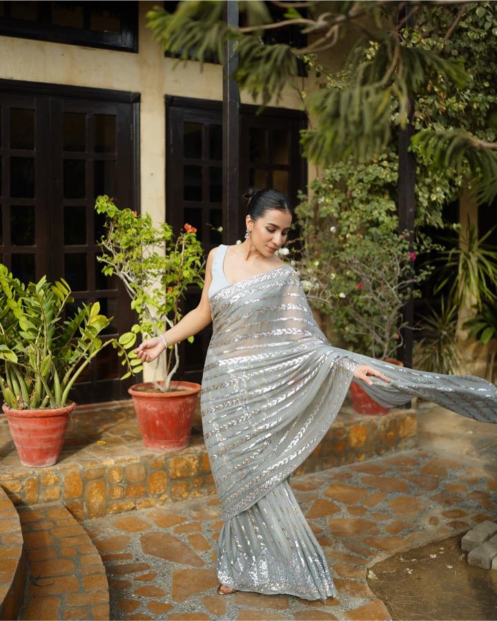 Grey N Gold Patterned Sequin Georgette Designer Embroidered Saree — alternate view