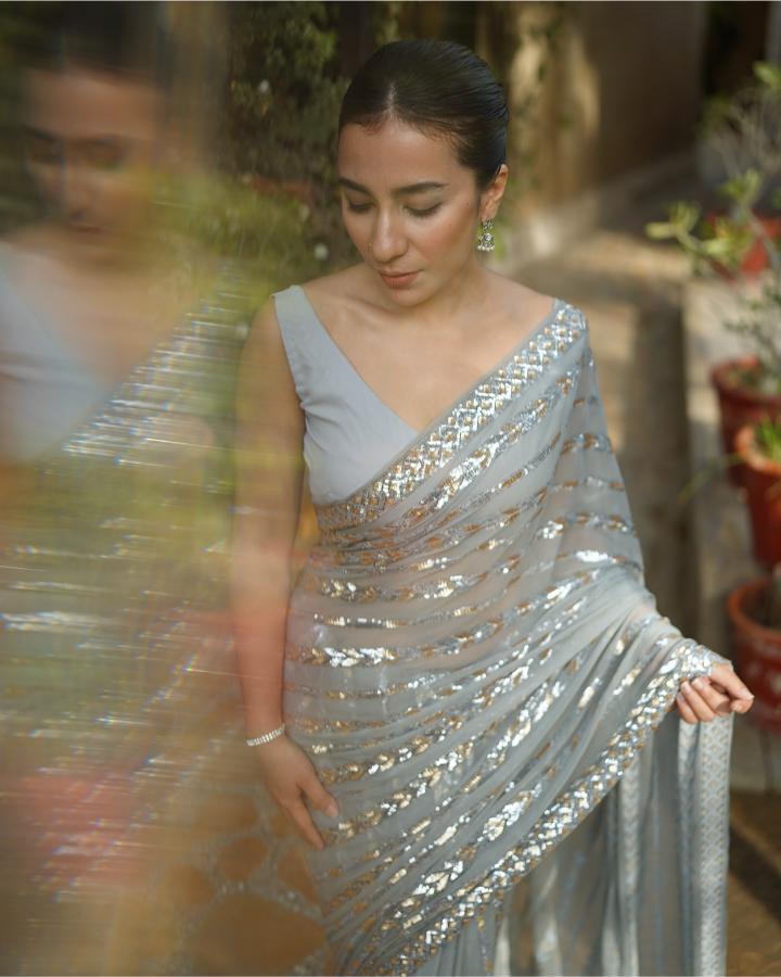 Grey N Gold Patterned Sequin Georgette Designer Embroidered Saree