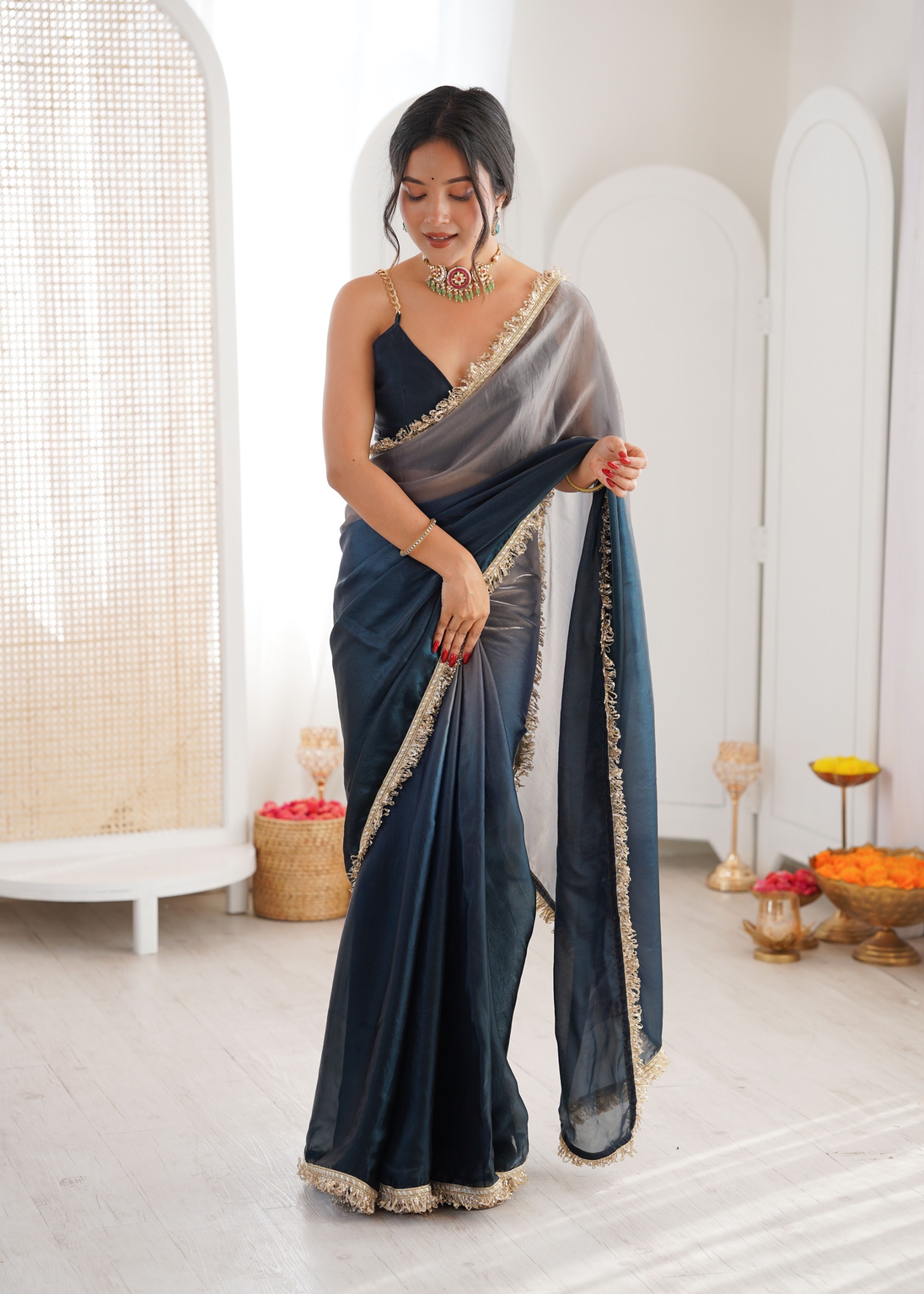 Grey Ombre Lace Fendy Satin Saree