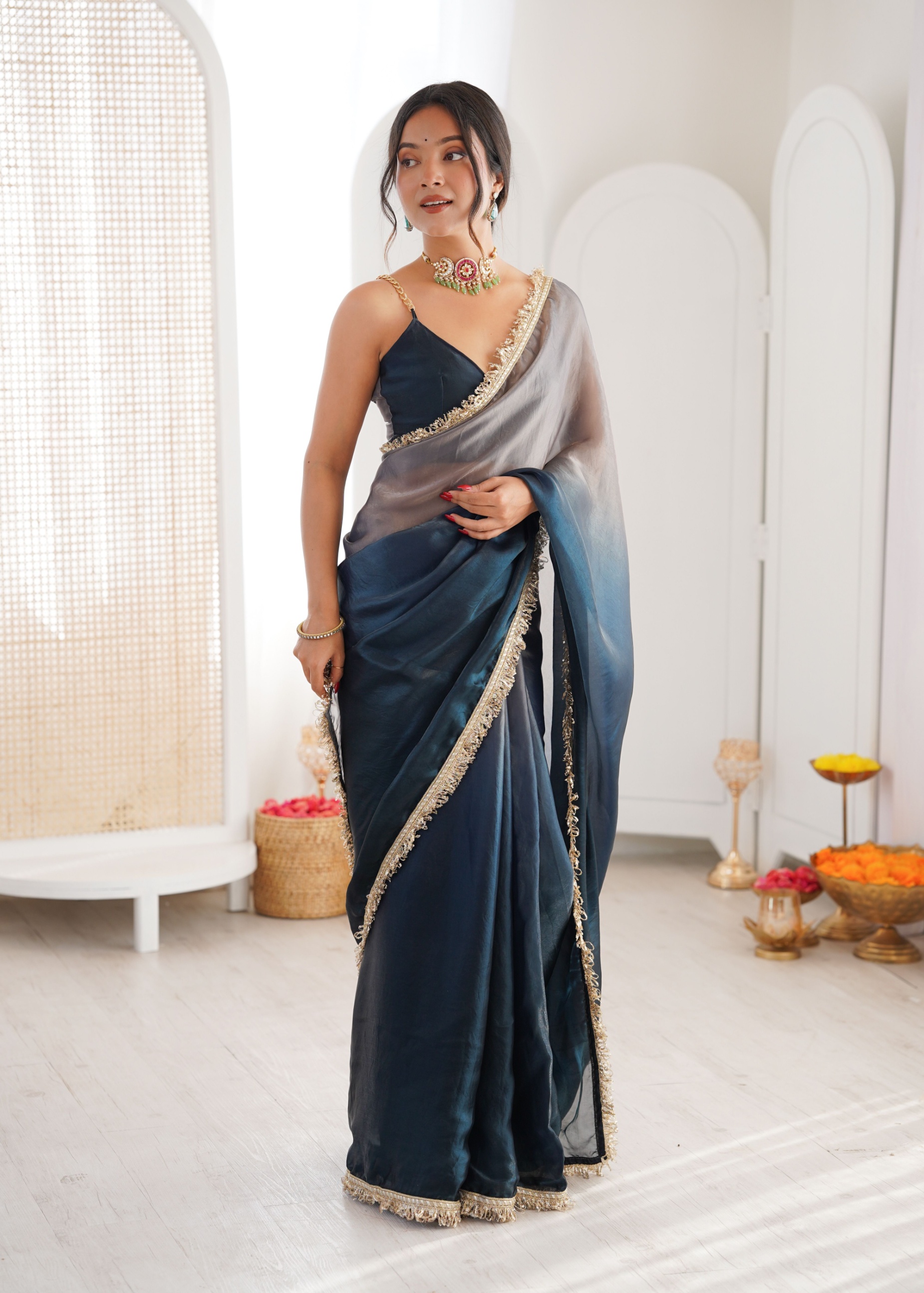 Grey Ombre Lace Fendy Satin Saree — alternate view
