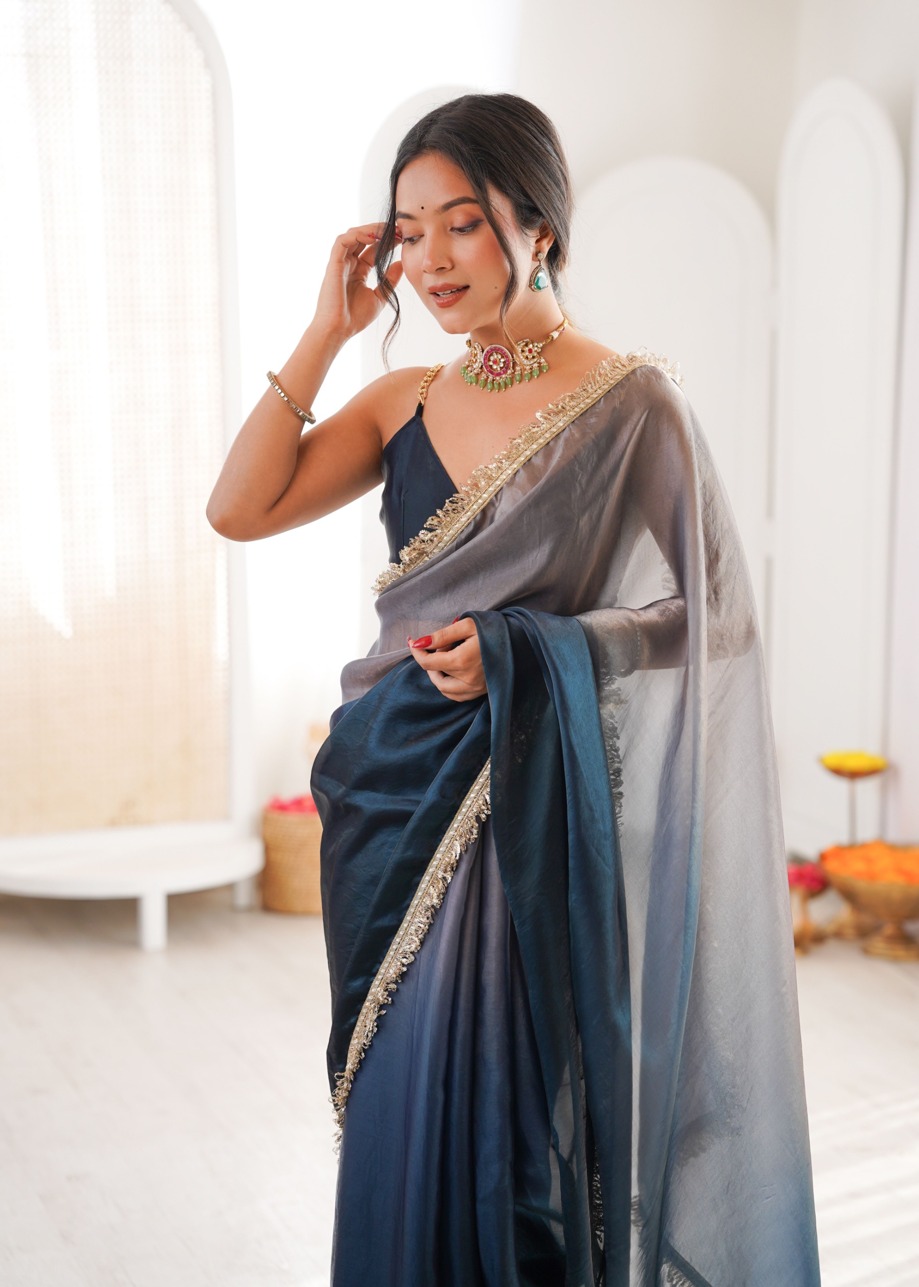 Grey Ombre Lace Fendy Satin Saree