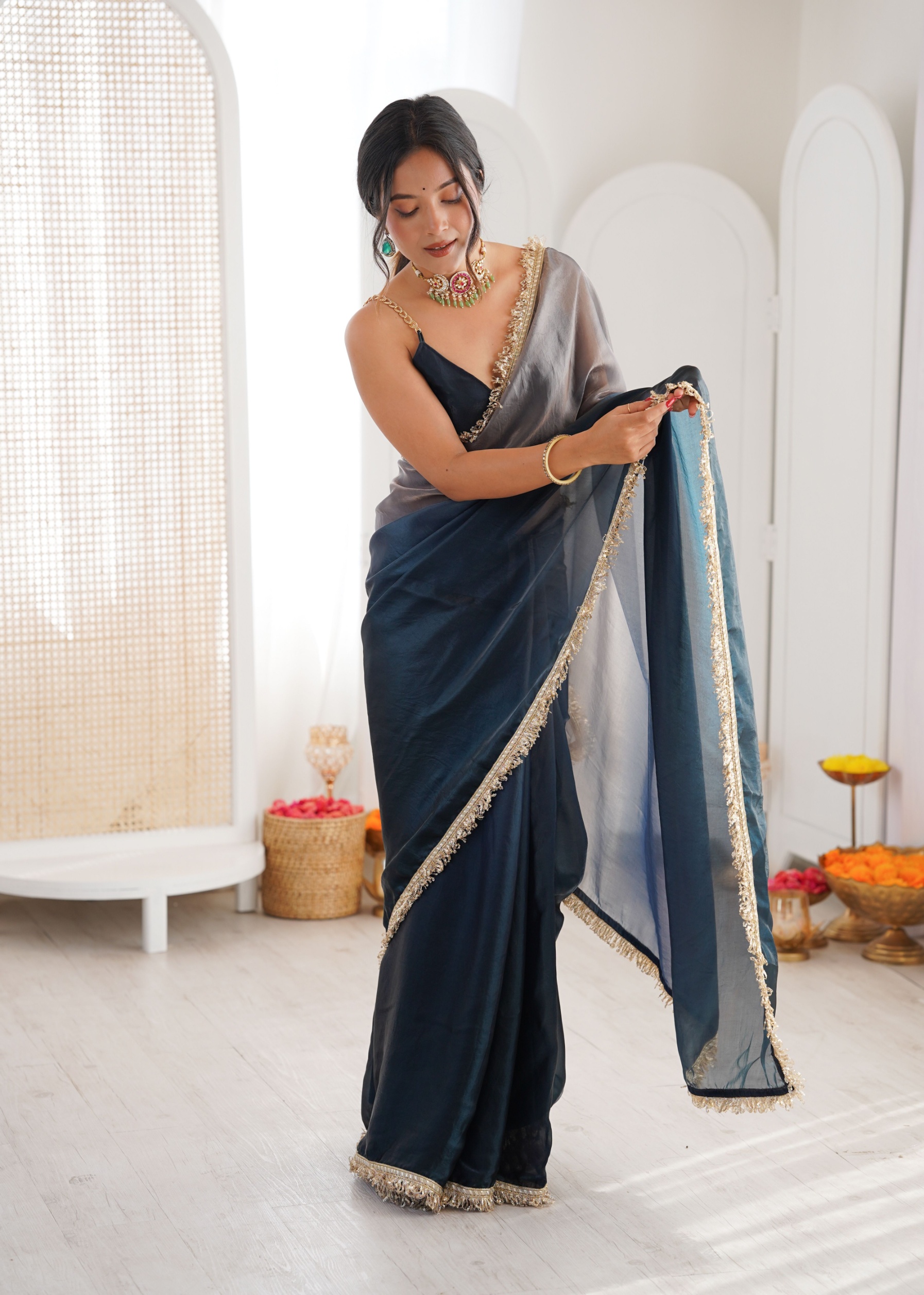 Grey Ombre Lace Fendy Satin Saree
