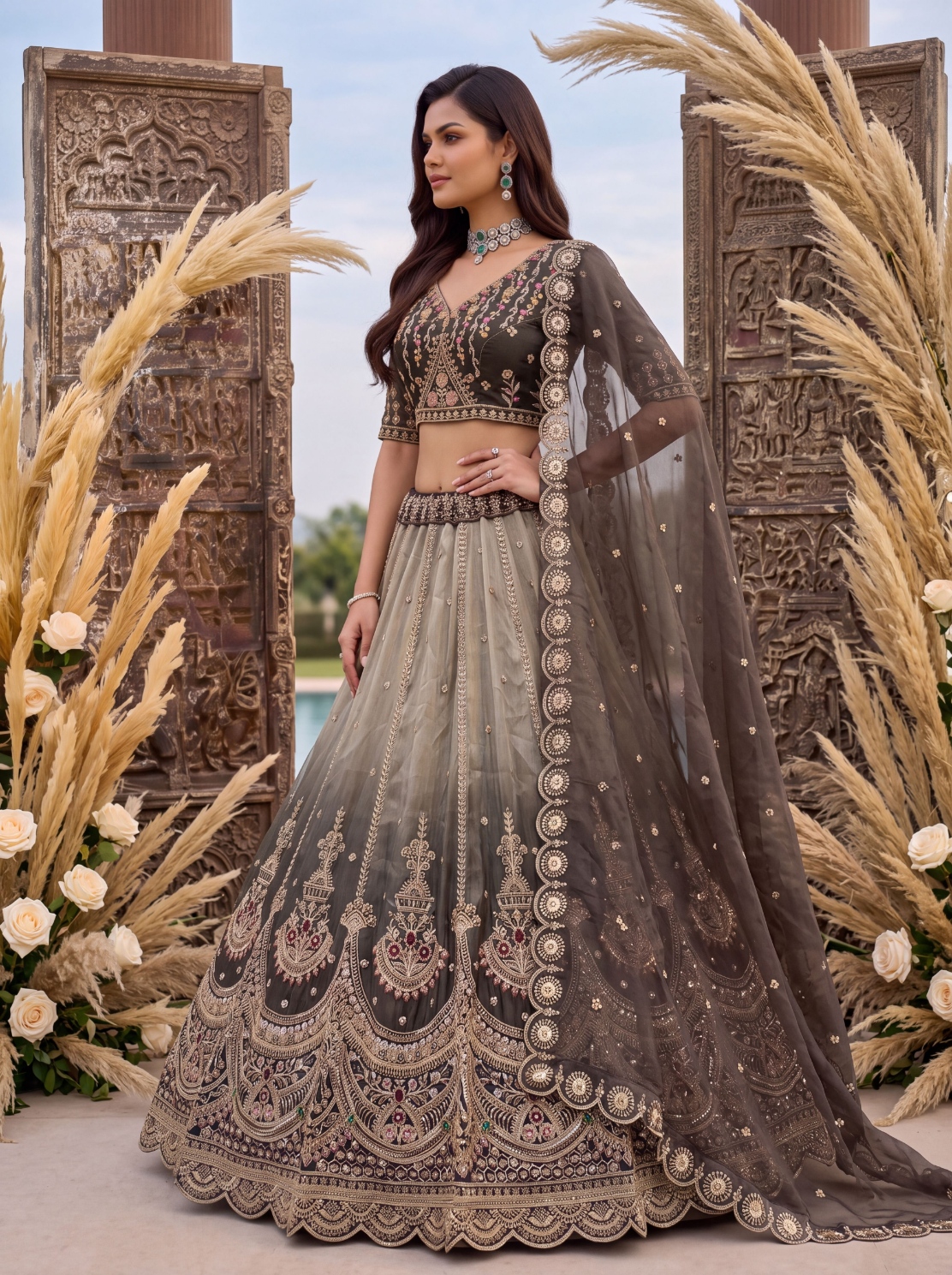 Grey Ombré Multi Thread Chandaniya Silk Lehenga Choli — alternate view