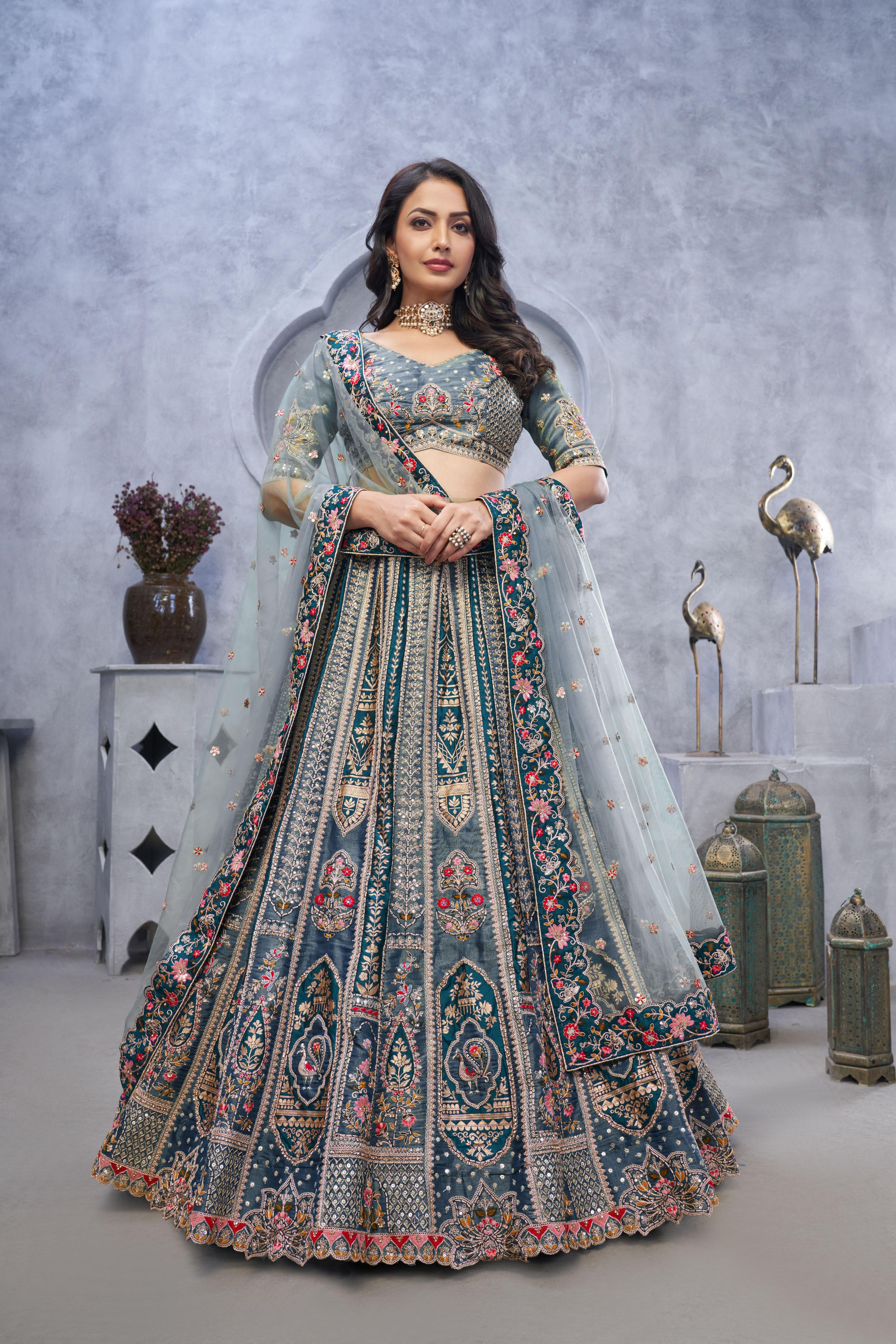 Grey Organza Silk Wedding Lehenga