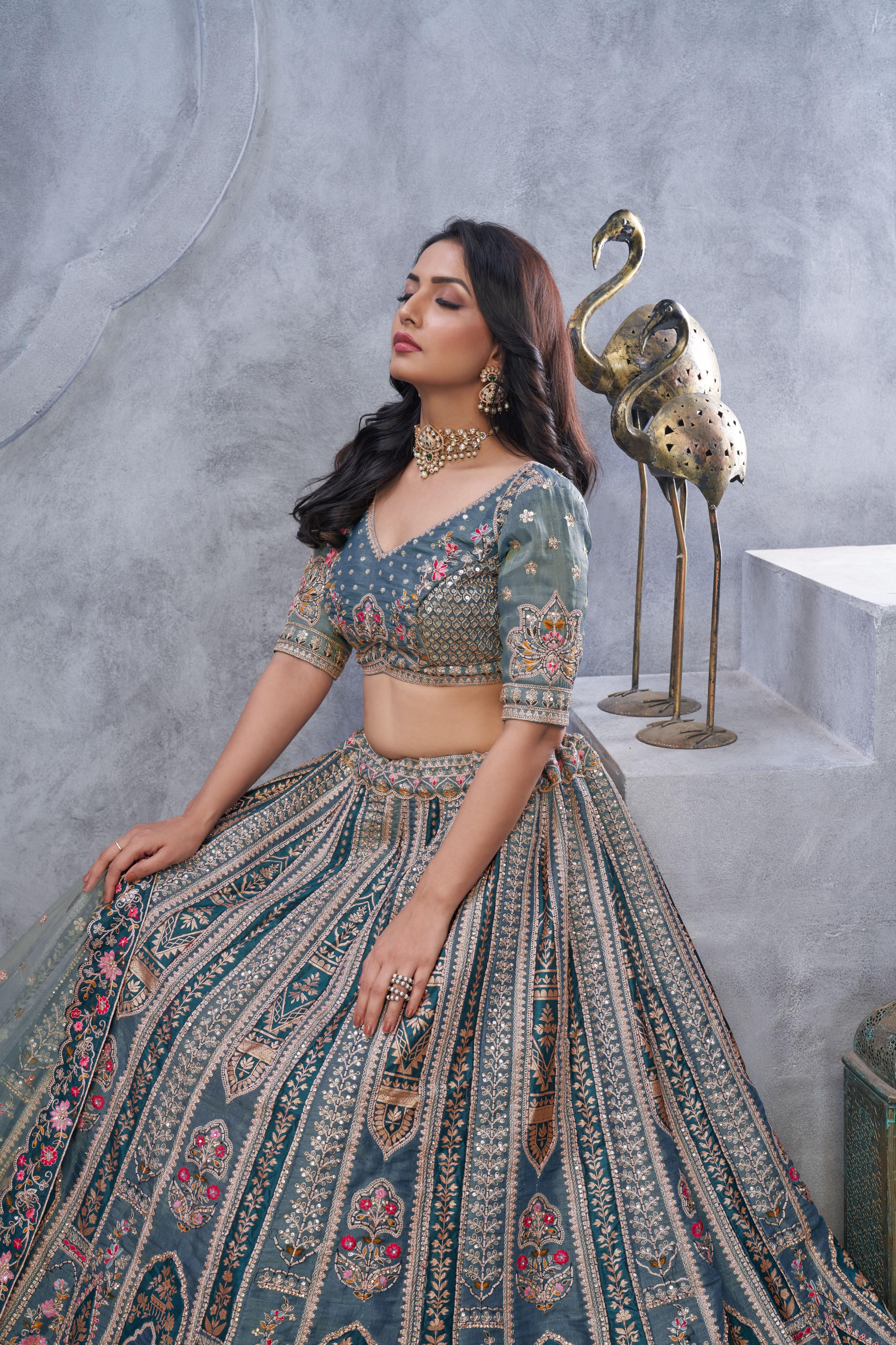 Grey Organza Silk Wedding Lehenga