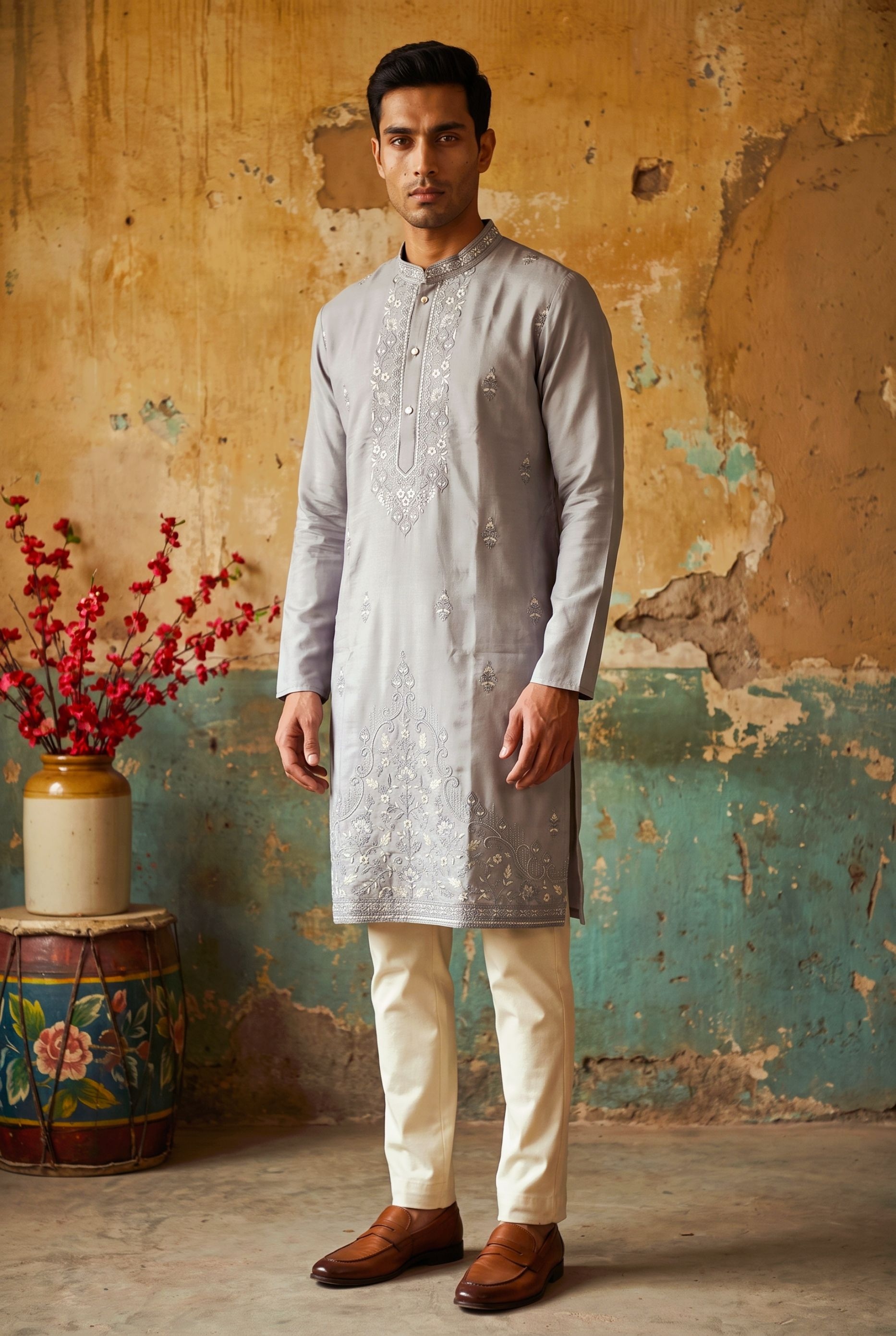Grey Ornamental Embroidered Silk Kurta Pyjama