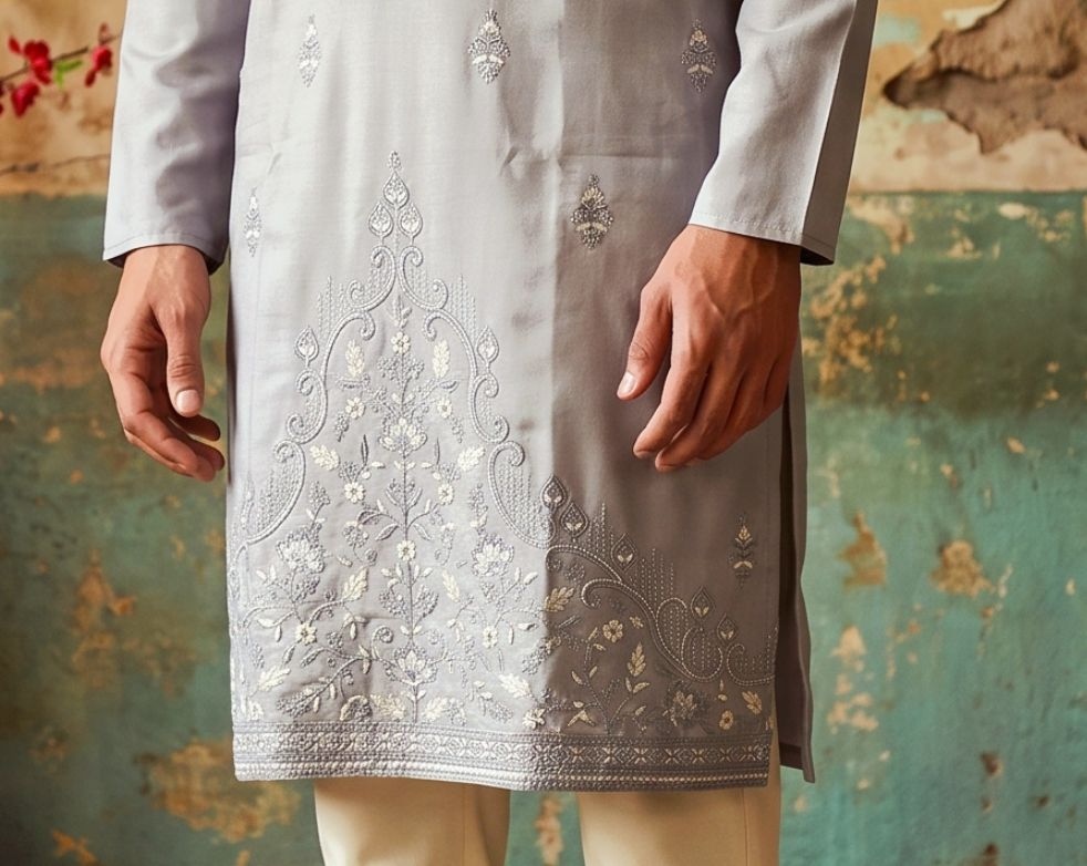 Grey Ornamental Embroidered Silk Kurta Pyjama — alternate view