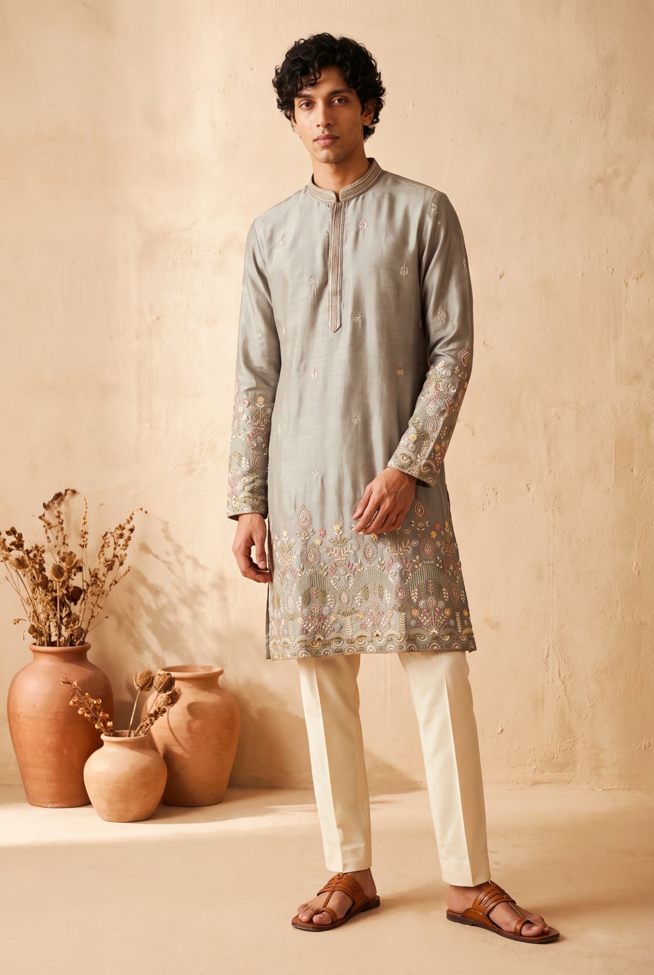 Grey Paisley Embroidered Silk Kurta Pyjama
