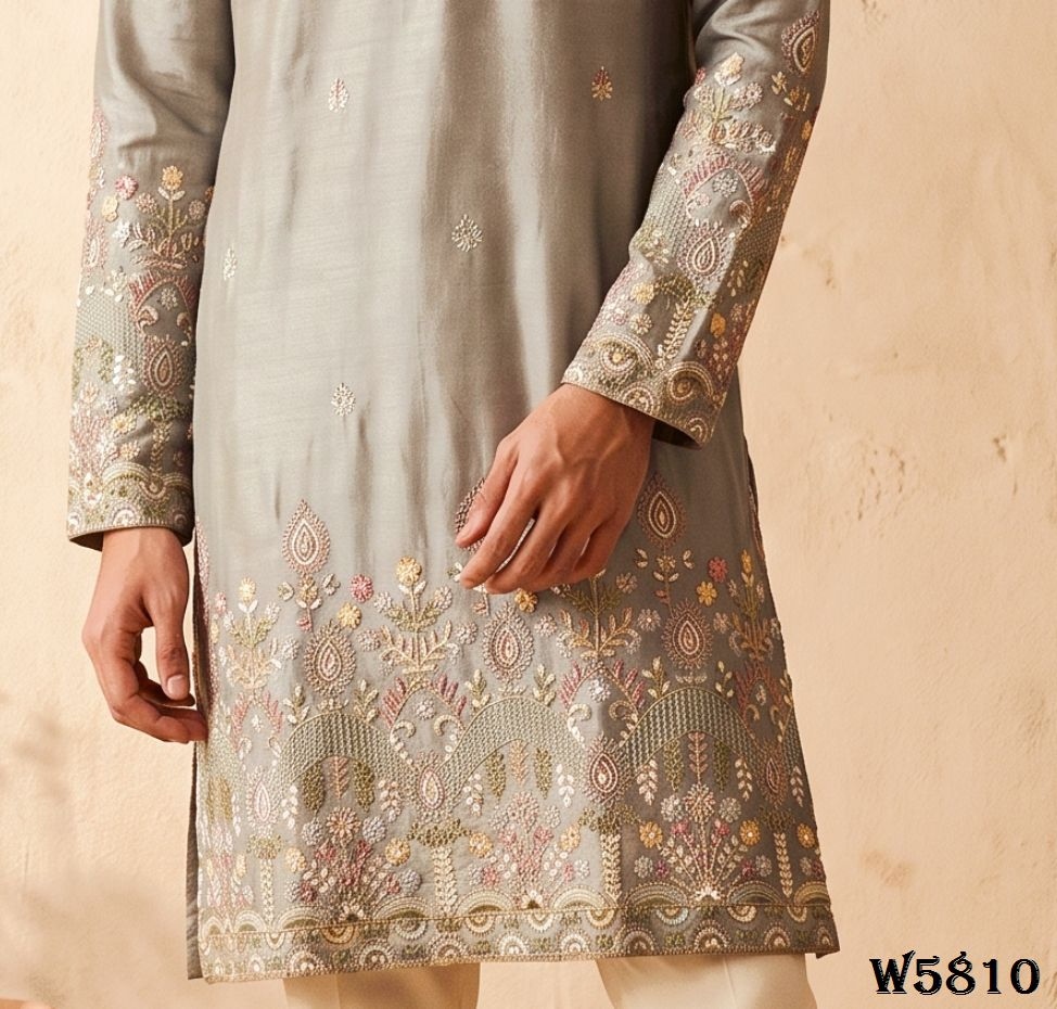 Grey Paisley Embroidered Silk Kurta Pyjama — alternate view