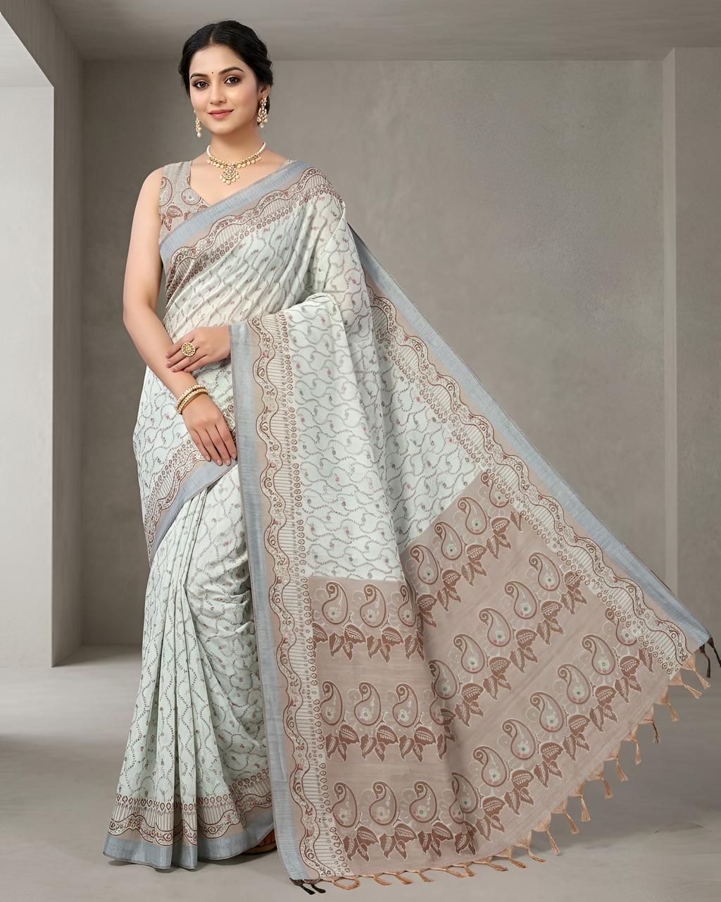 Grey Paisley Woven Cotton Silk Saree
