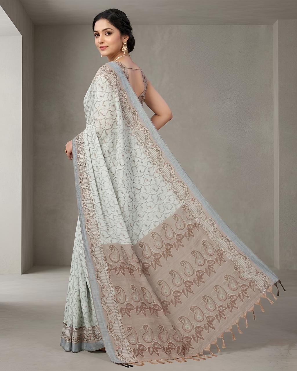 Grey Paisley Woven Cotton Silk Saree — alternate view