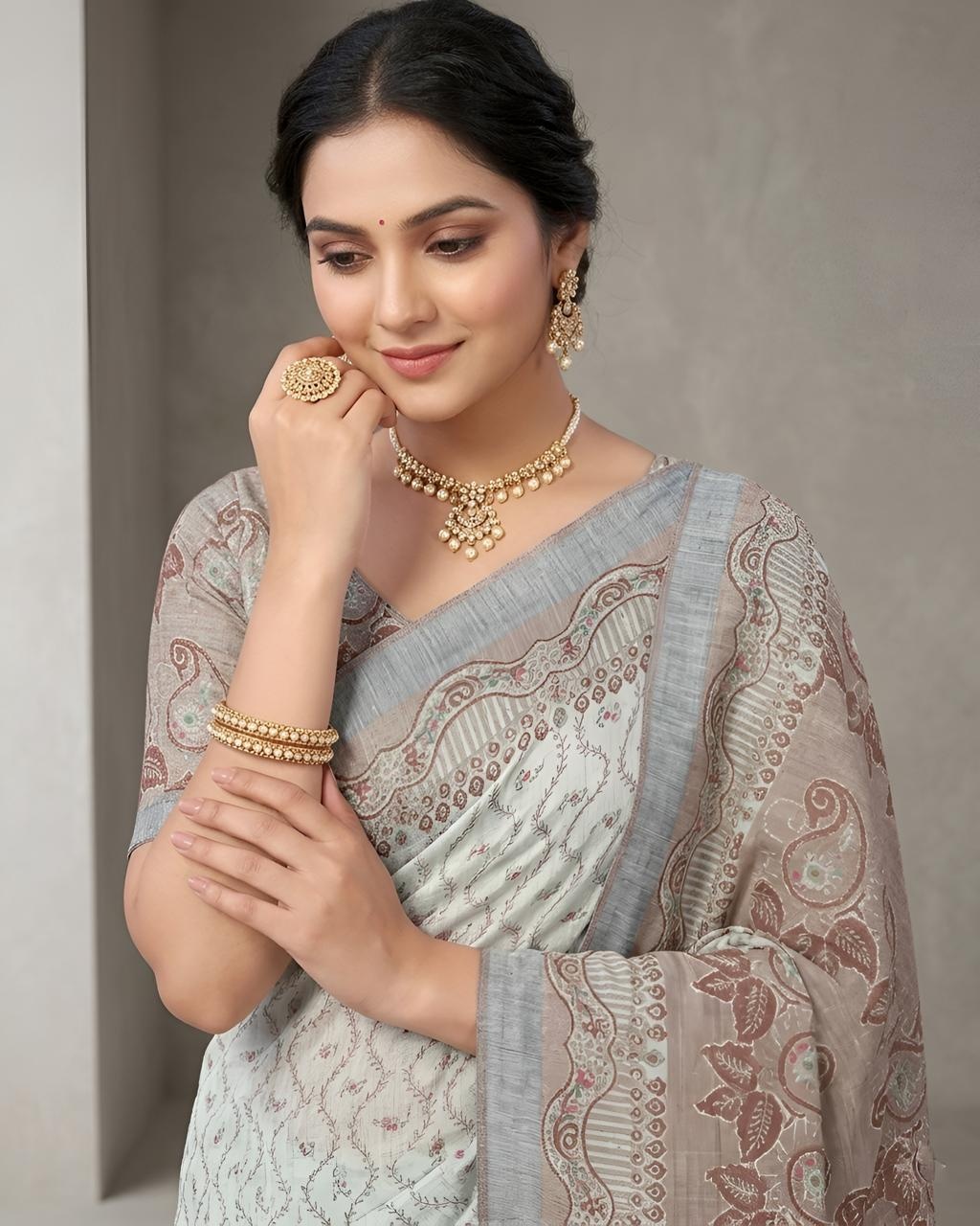 Grey Paisley Woven Cotton Silk Saree