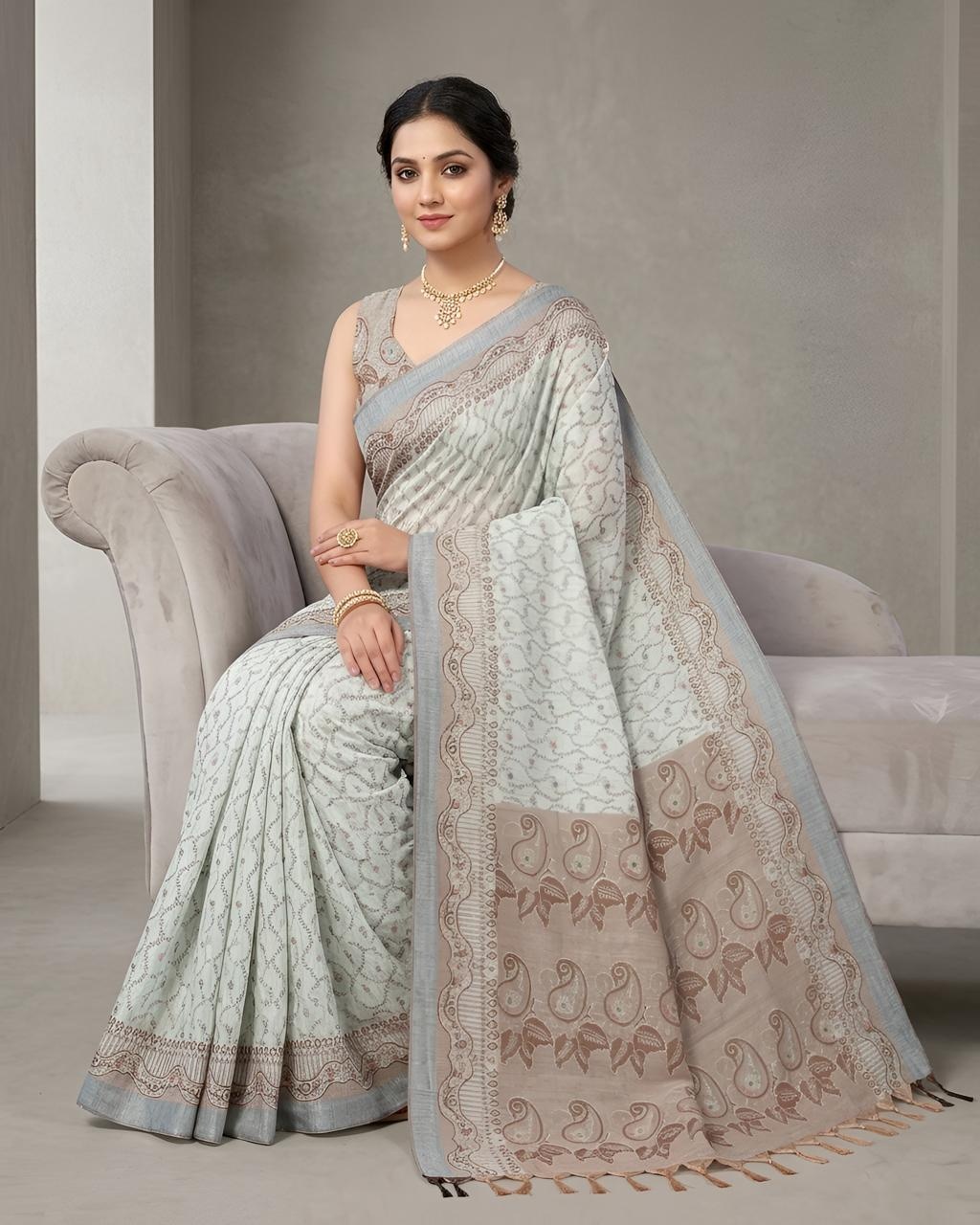 Grey Paisley Woven Cotton Silk Saree