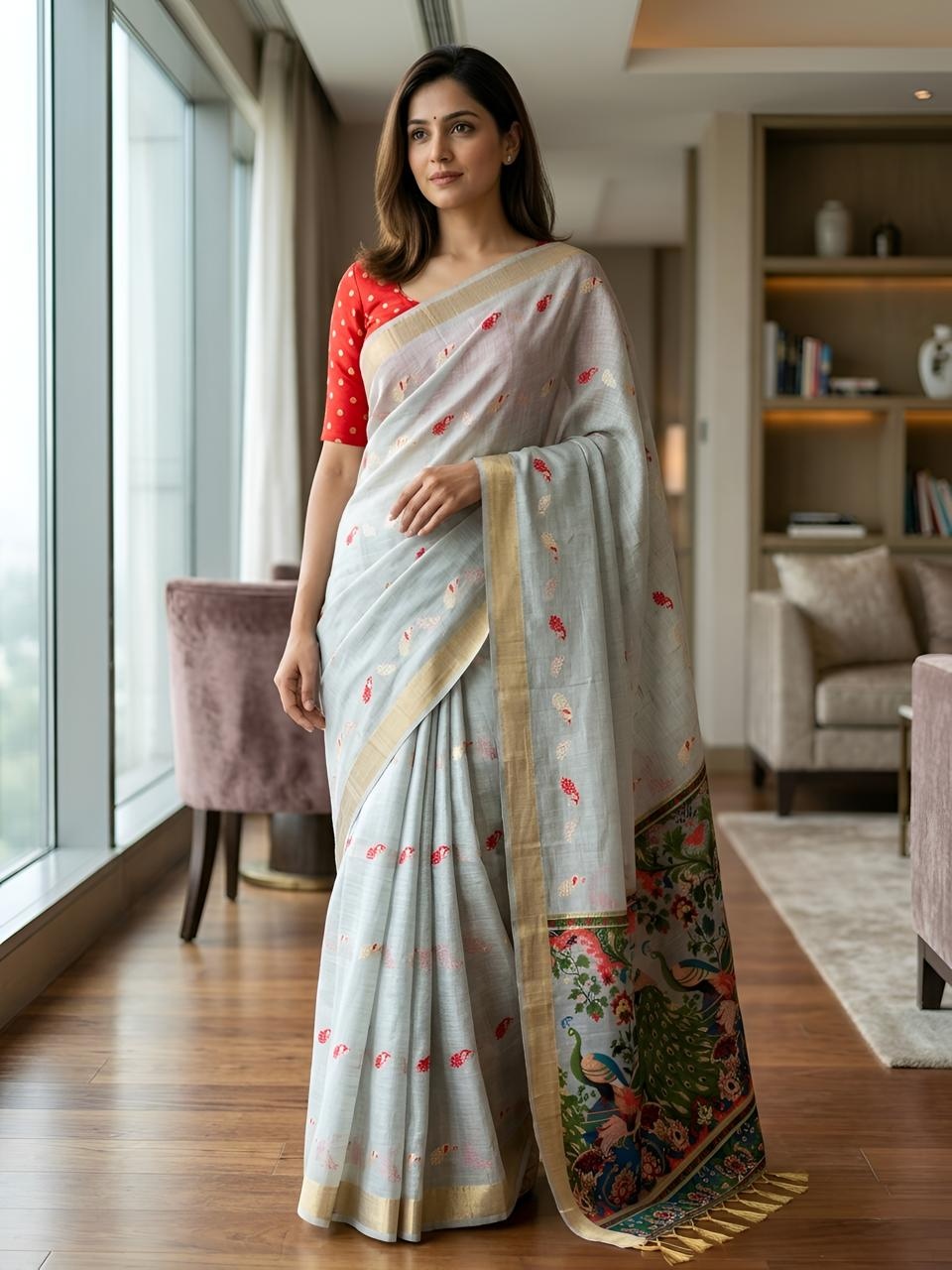 Grey Peacock Kalamkari Woven Cotton Silk Saree