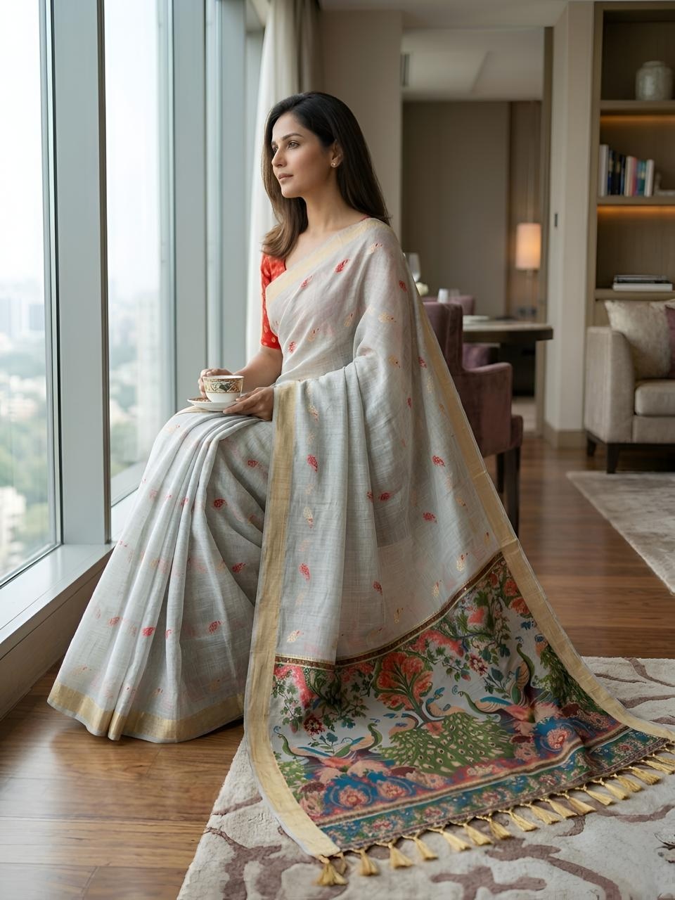 Grey Peacock Kalamkari Woven Cotton Silk Saree