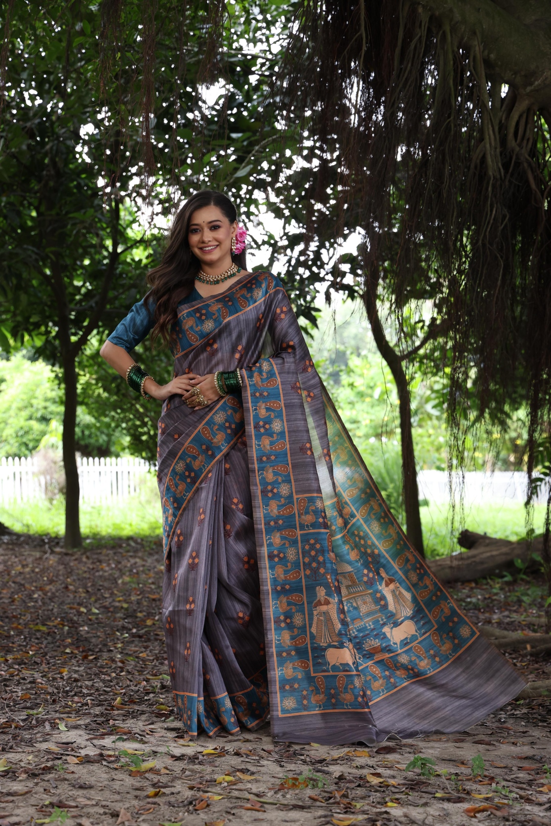 Grey Peacock Printed Tussar Silk Saree