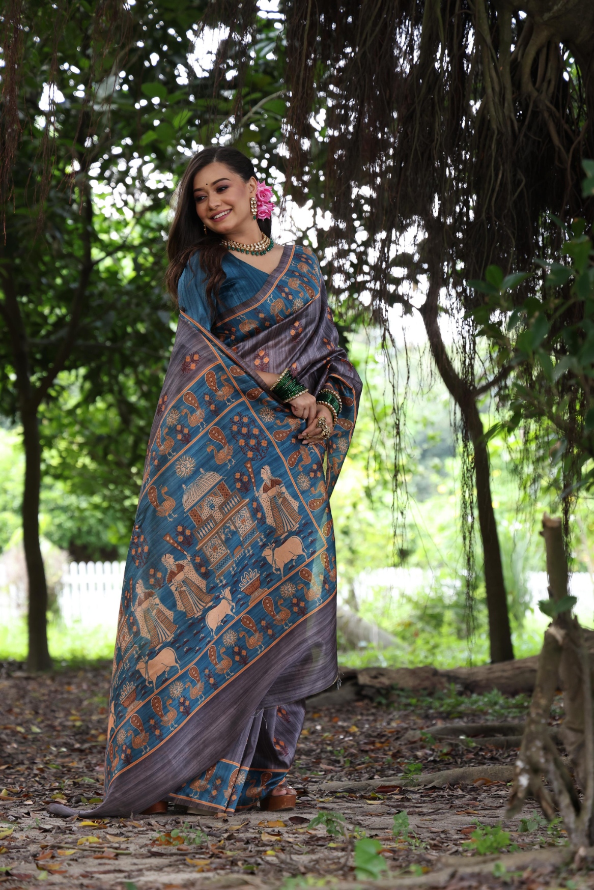 Grey Peacock Printed Tussar Silk Saree — alternate view
