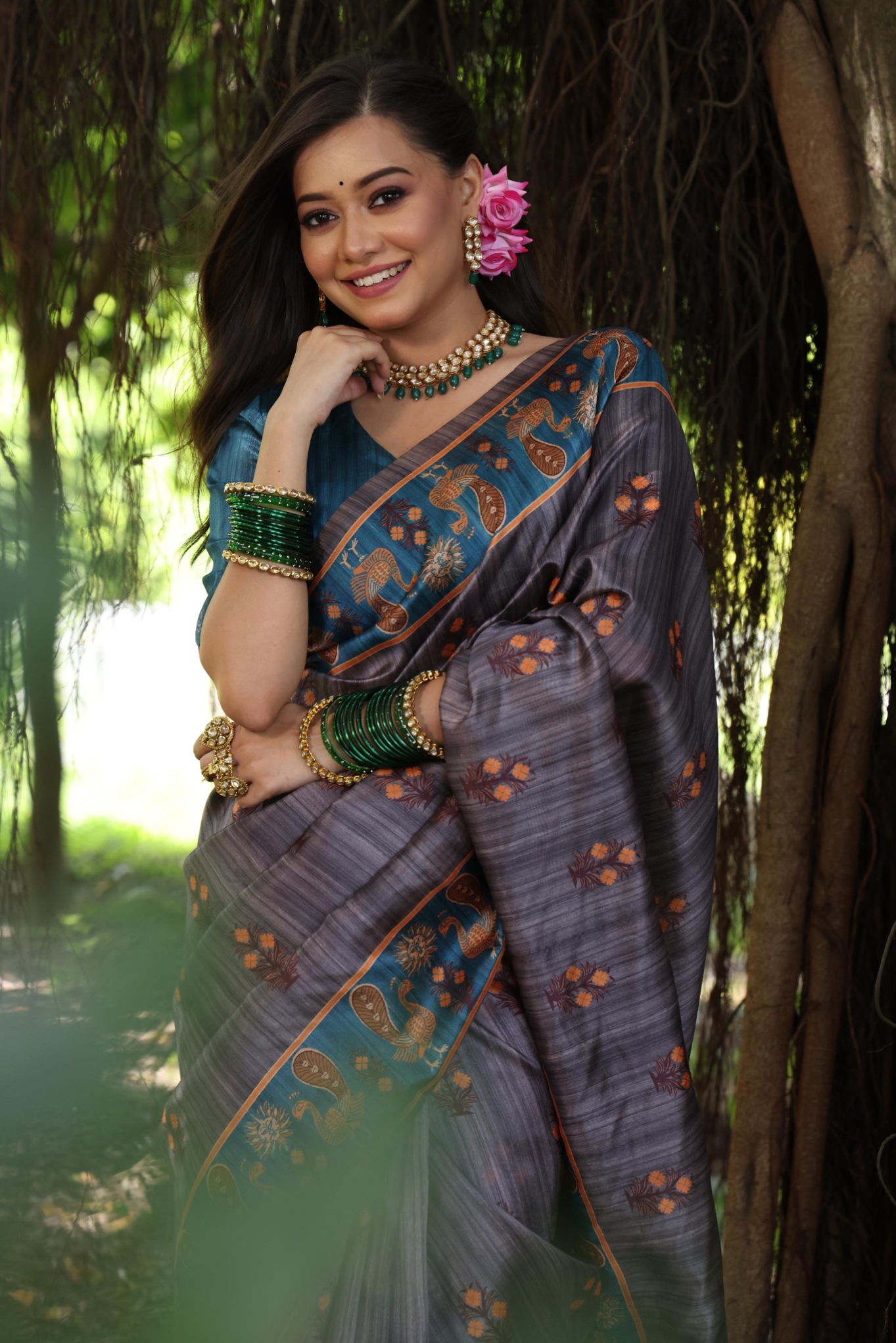Grey Peacock Printed Tussar Silk Saree