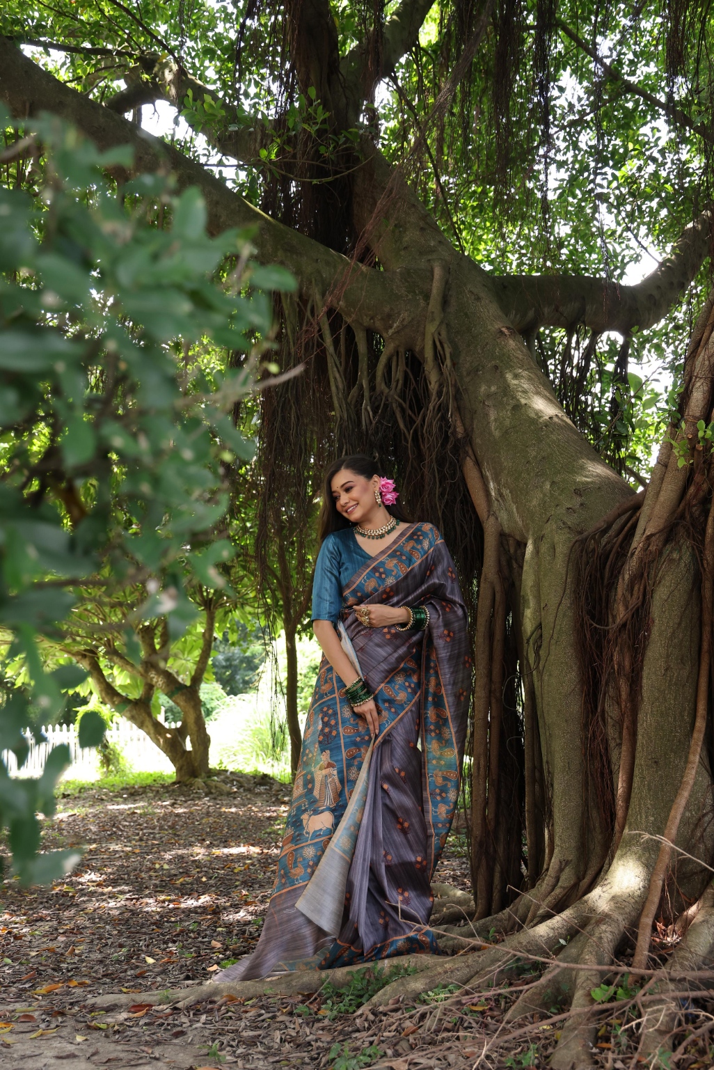 Grey Peacock Printed Tussar Silk Saree