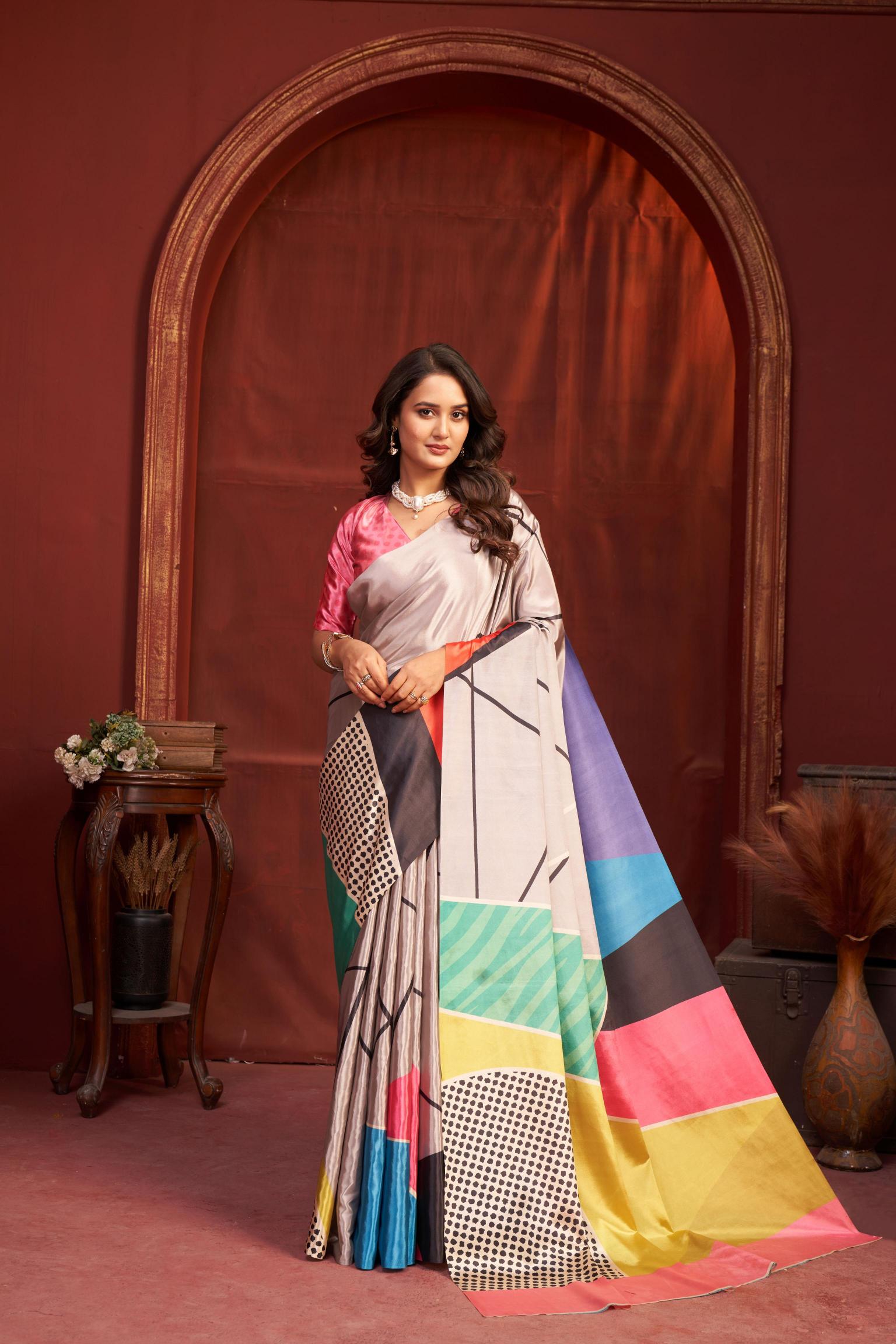 Grey Pink Malai Crepe Silk Saree