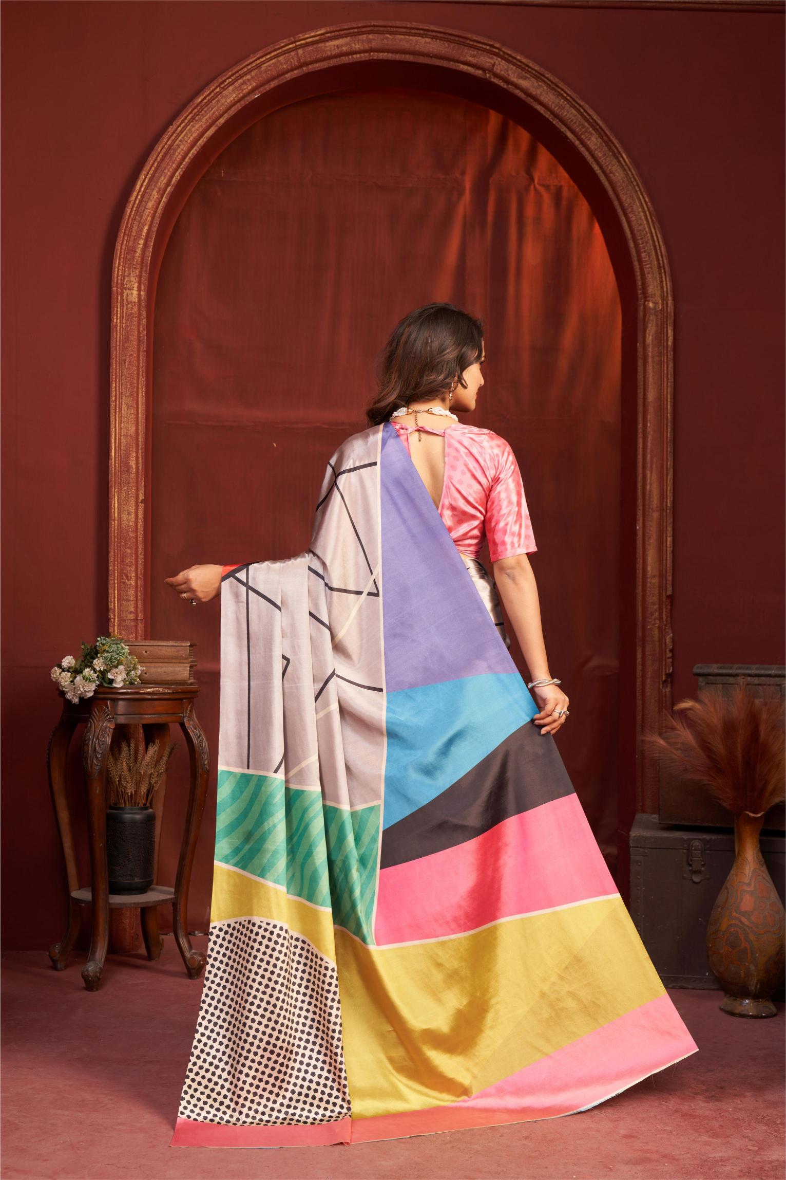 Grey Pink Malai Crepe Silk Saree — alternate view