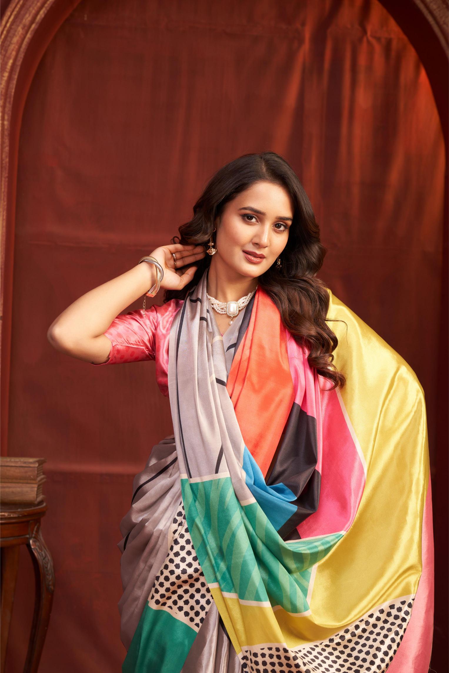 Grey Pink Malai Crepe Silk Saree