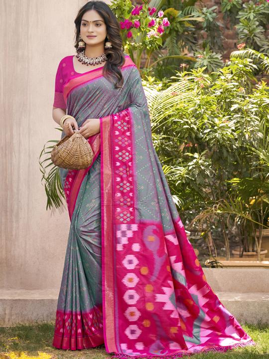 Grey Pink Pochampalli Silk Saree