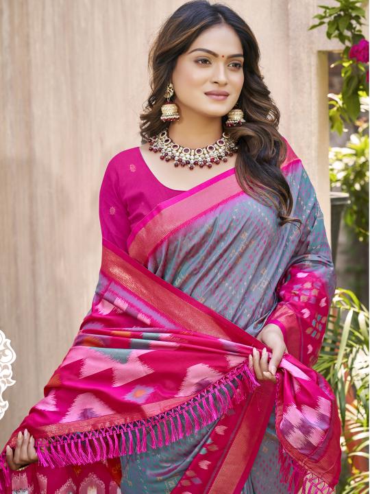 Grey Pink Pochampalli Silk Saree — alternate view