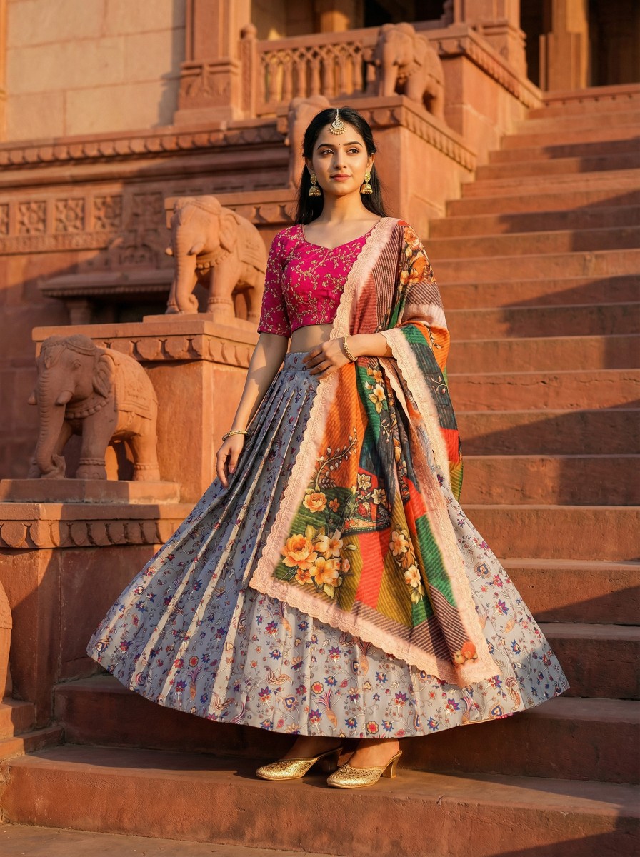 Grey Pink Printed Satin Silk Lehenga Choli