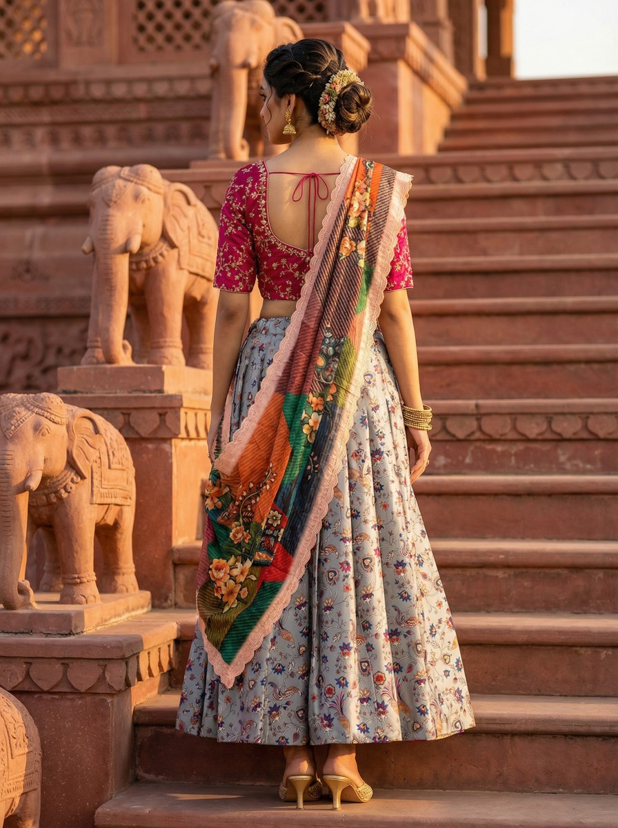 Grey Pink Printed Satin Silk Lehenga Choli — alternate view
