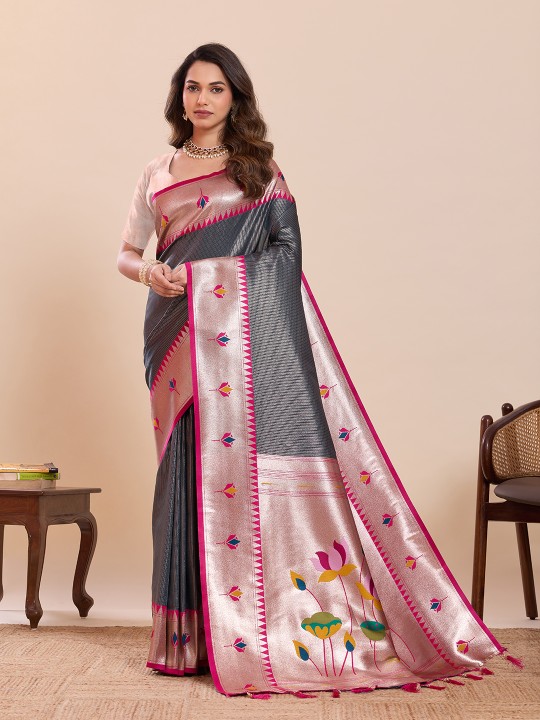 Grey Pink Zari Designer Soft Silk Saree
