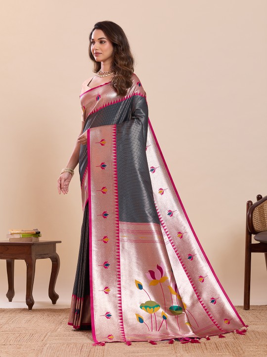 Grey Pink Zari Designer Soft Silk Saree