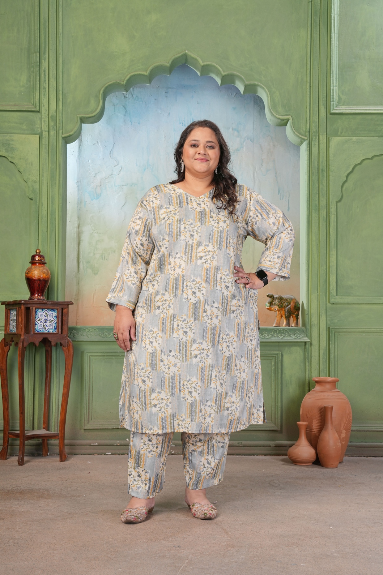 Grey Printed Rayon Slub Kurta Set