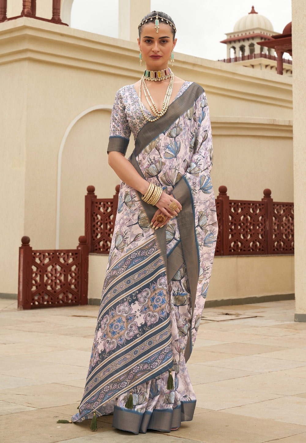 Grey Printed Sequence Fendy Satin Saree